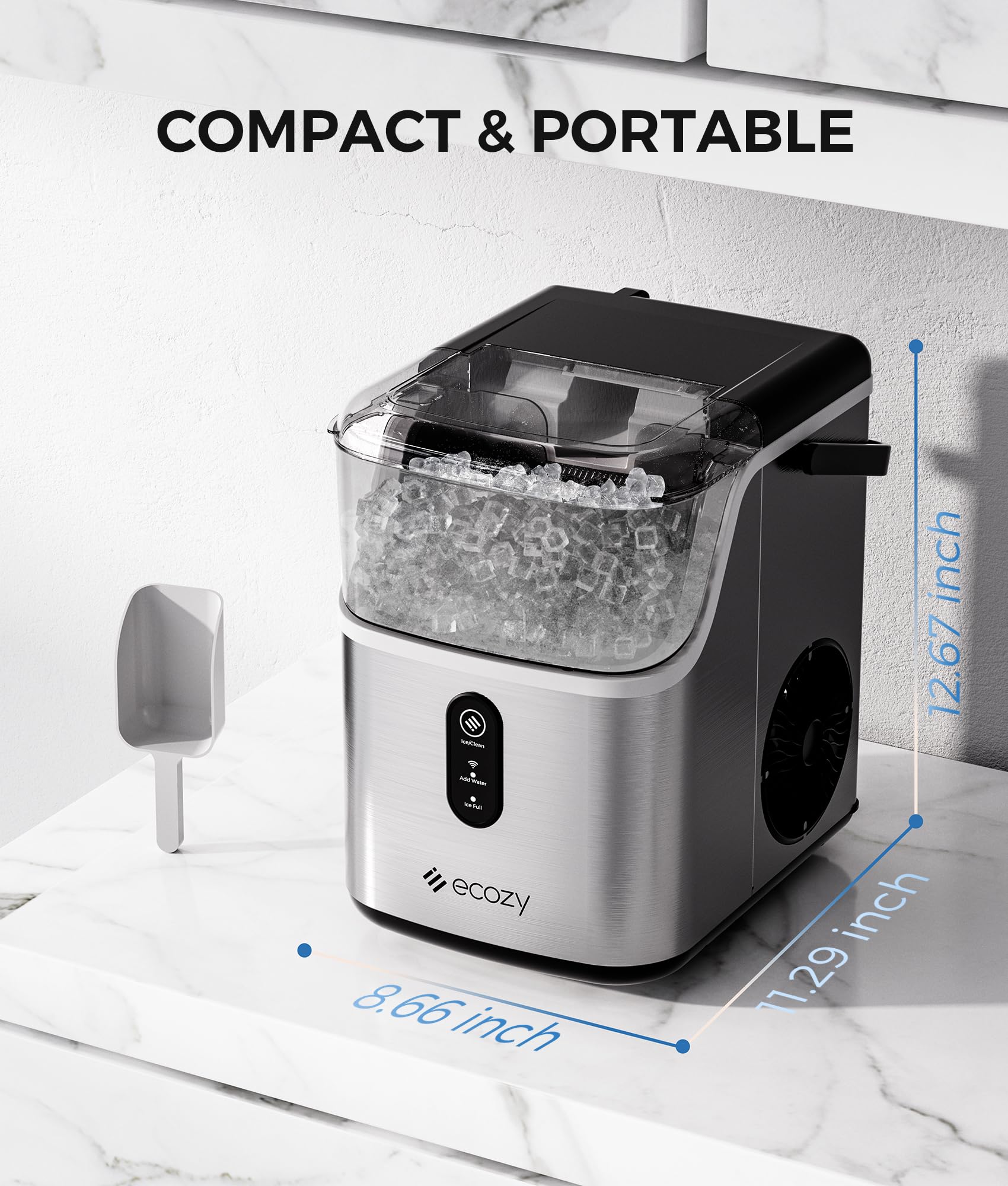 Ecozy Smart Countertop Nugget Ice Maker - 35lbs/24H Soft Chewable Pebble Ice Machine with Self-Cleaning & Voice Control for Home, Kitchen, Bar, Office - Stainless Steel - Perfect for Cocktails, Sodas, and Party Drinks