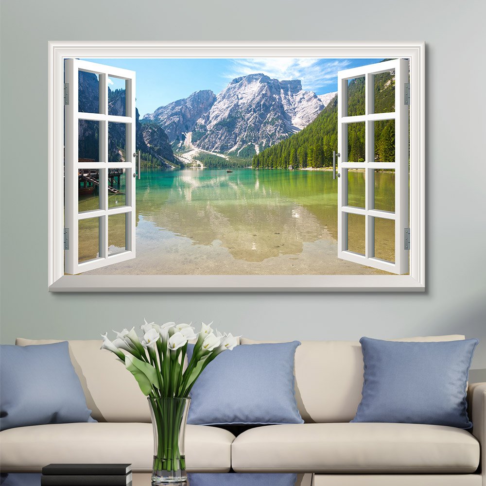 16x24 Inches Window View Nature Landscape Canvas Print - Clear River & Mountain Forest Scenery Wall Art for Living Room, Bedroom & Office Decor