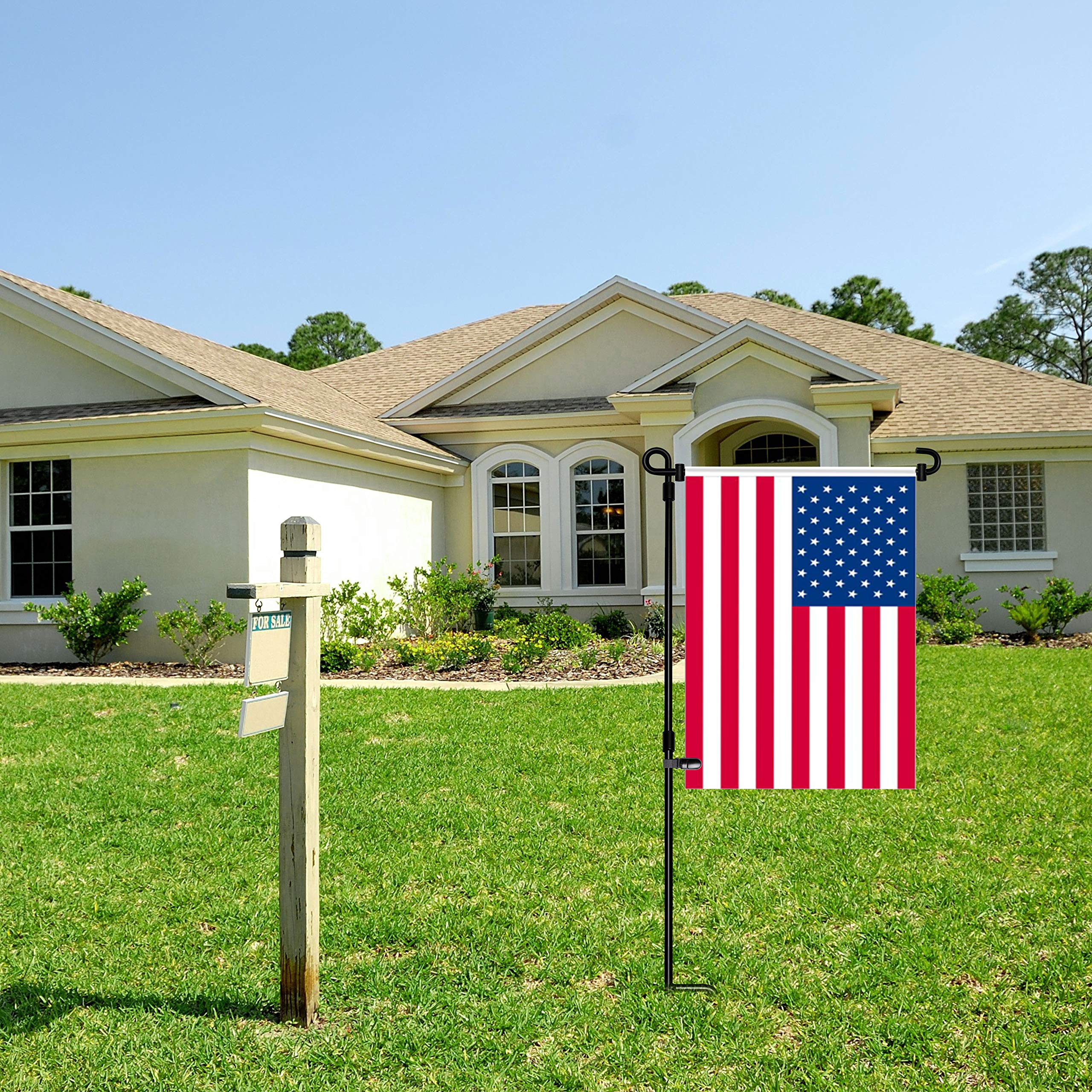 Premium HOOSUN Garden Flag Stand - Heavy Duty Metal Powder-Coated Weatherproof Flag Pole Holder with Tiger Clip & 2 Spring Stoppers (Flag Not Included) - Perfect for Front Yard Decor, Seasonal Displays & Outdoor Home Decorations