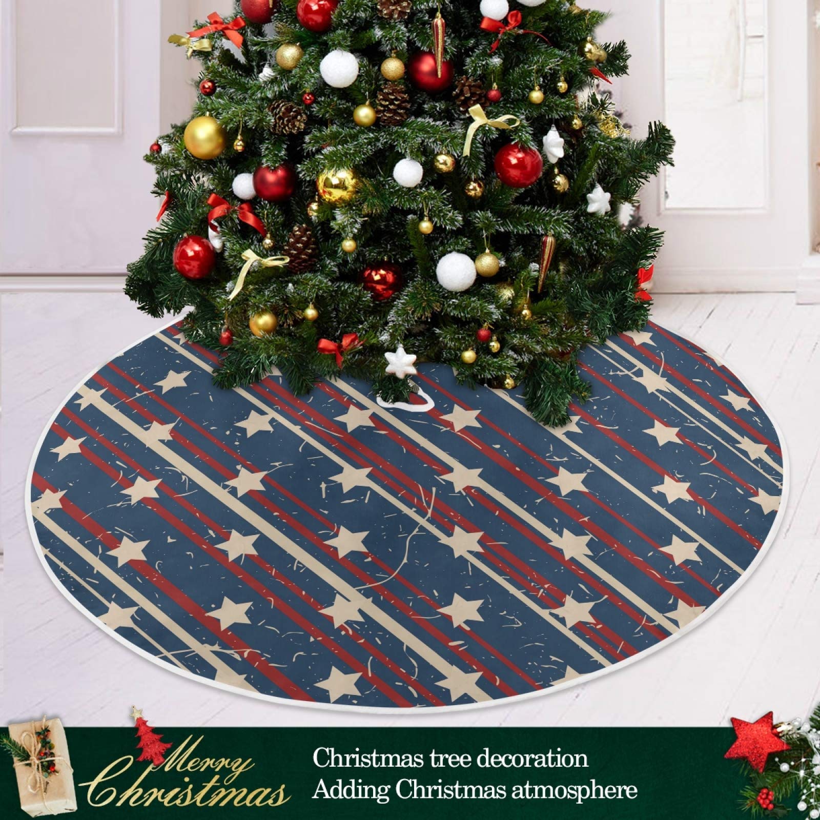 American Patriotic Stars Christmas Tree Skirt - 47.2 Inch USA Flag Xmas Tree Mat for Holiday Decorations | Indoor/Outdoor Home, Office & Party Decor | Perfect for Christmas Celebrations, Fireplace Displays & Festive Gatherings