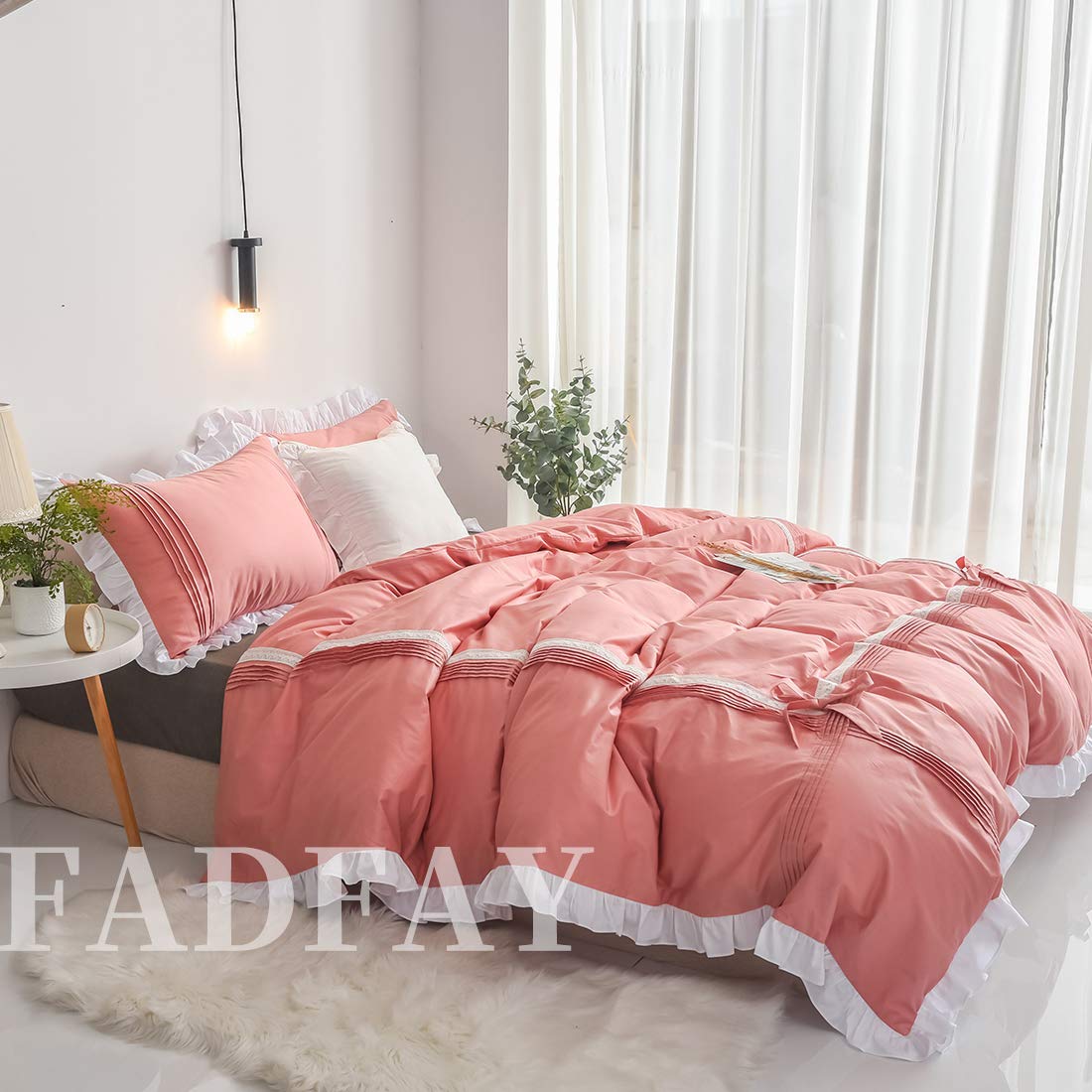 FADFAY 100% Cotton 600 Thread Count Twin Princess Bedding Set - Elegant Ruffle Duvet Cover with Lace Trim, Zipper Closure & Corner Ties | Ultra Soft, Anti-Fade Coral Pink Comforter Cover for Girls | Perfect for Kids' Bedrooms, Sleepovers & Nursery Decor