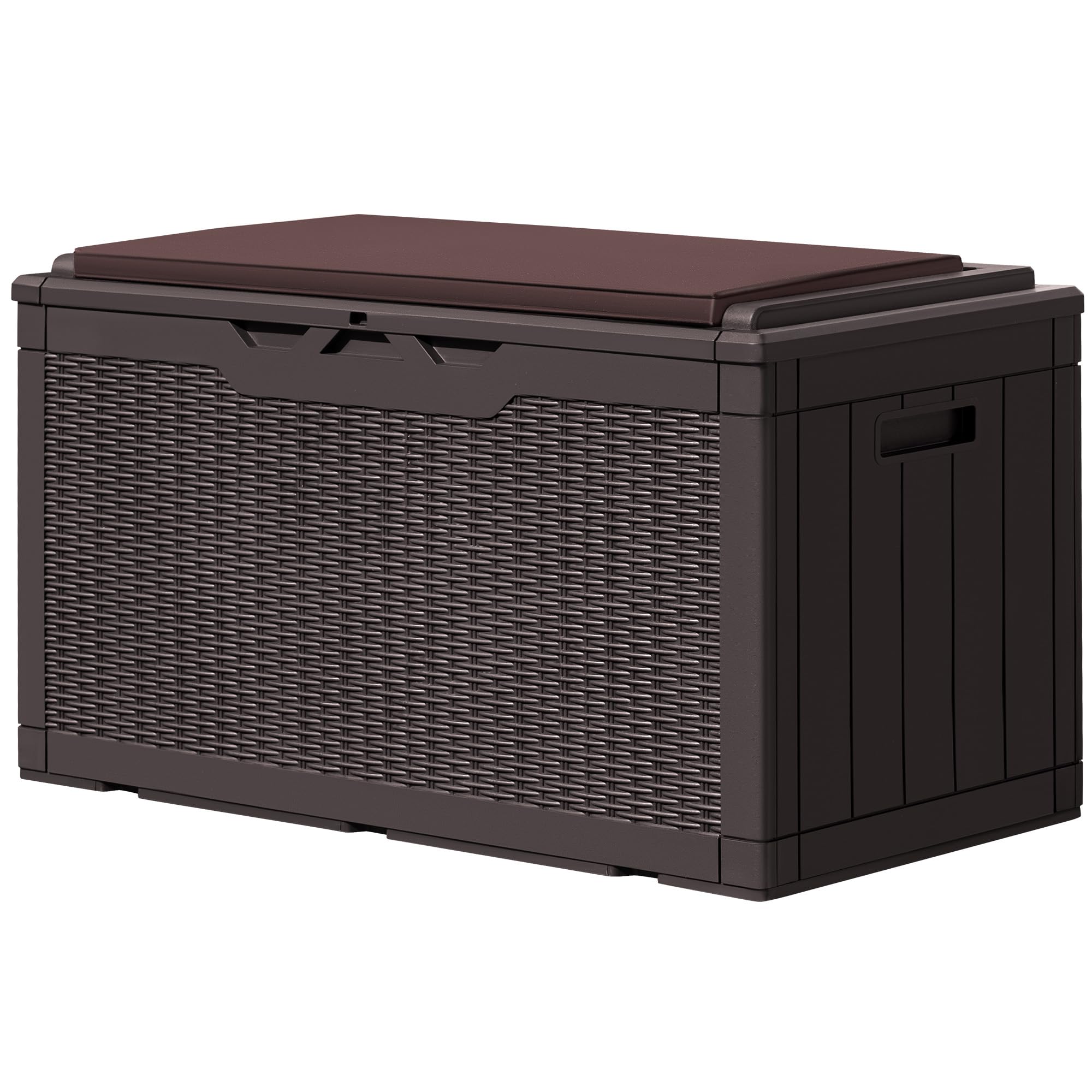 GUNJI 100 Gallon Resin Deck Box with Cushion - Outdoor Weatherproof Large Storage Container for Patio Furniture, Garden Tools, Pool Toys & Backyard Accessories - Lockable Design for Secure Storage (Brown) - Perfect for Poolside, Patio & Garden Organization
