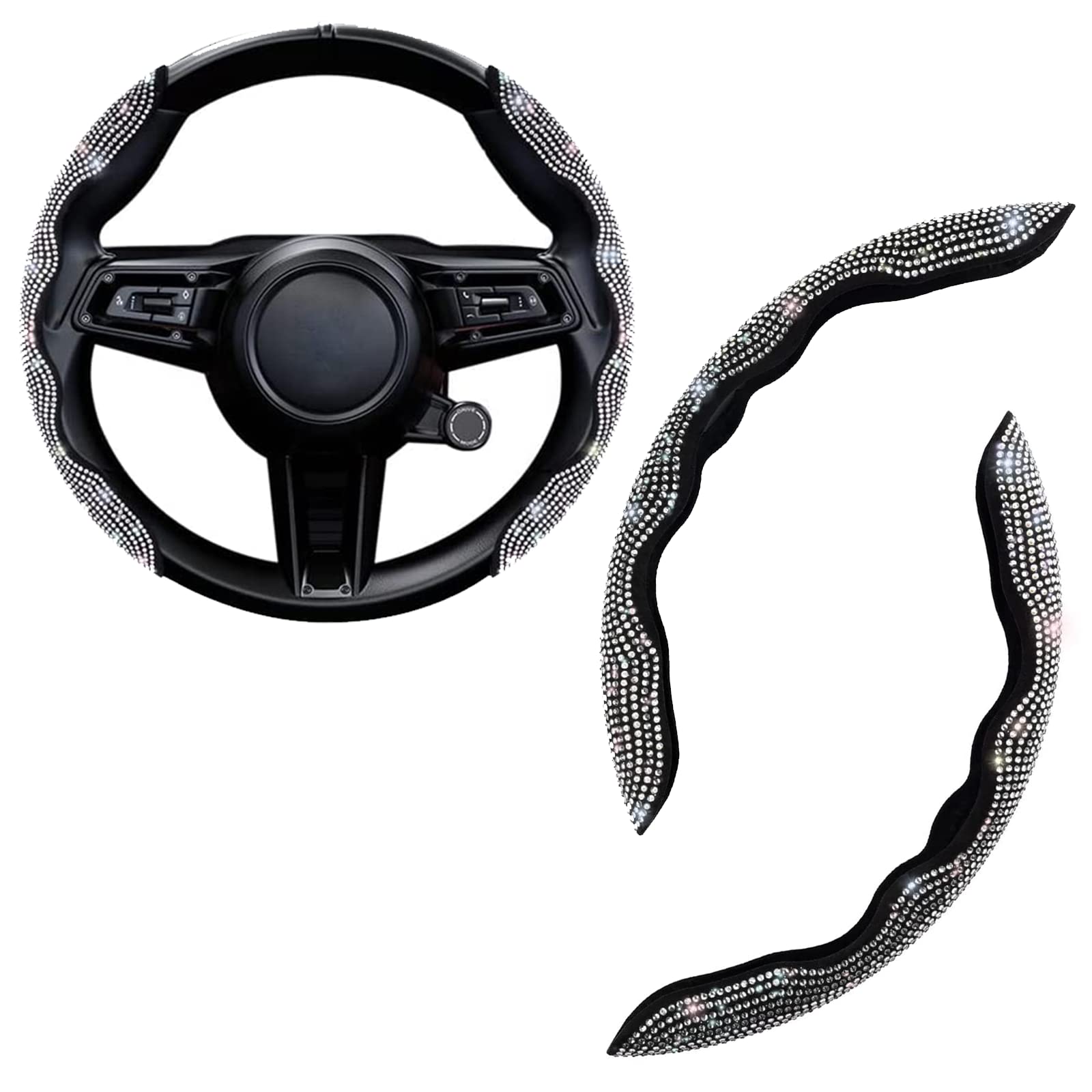 TOYOUN Diamond Steering Wheel Cover with Bling Crystal Rhinestones - 2PCS Non-Slip Universal Fit for Most Cars - Luxury Sparkling Car Accessories for Women (Black) | Perfect for Daily Commute & Gift Giving