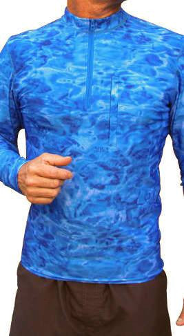 Men's 1/4 Zip Long Sleeve Camouflage Fishing Shirt with UPF Protection - Aqua Camo Design for Outdoor Activities, Hiking & Fishing Gear