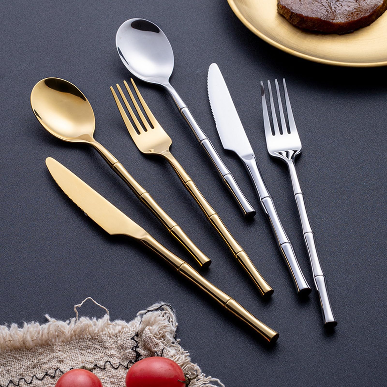 Premium 30-Piece Gold Silverware Set for 6 - 18/8 Stainless Steel Gold Flatware Set with Spoons, Forks & Knives - Elegant Gold Bamboo Cutlery for Home & Kitchen - Dishwasher Safe - Perfect for Dinner Parties, Weddings & Luxury Dining