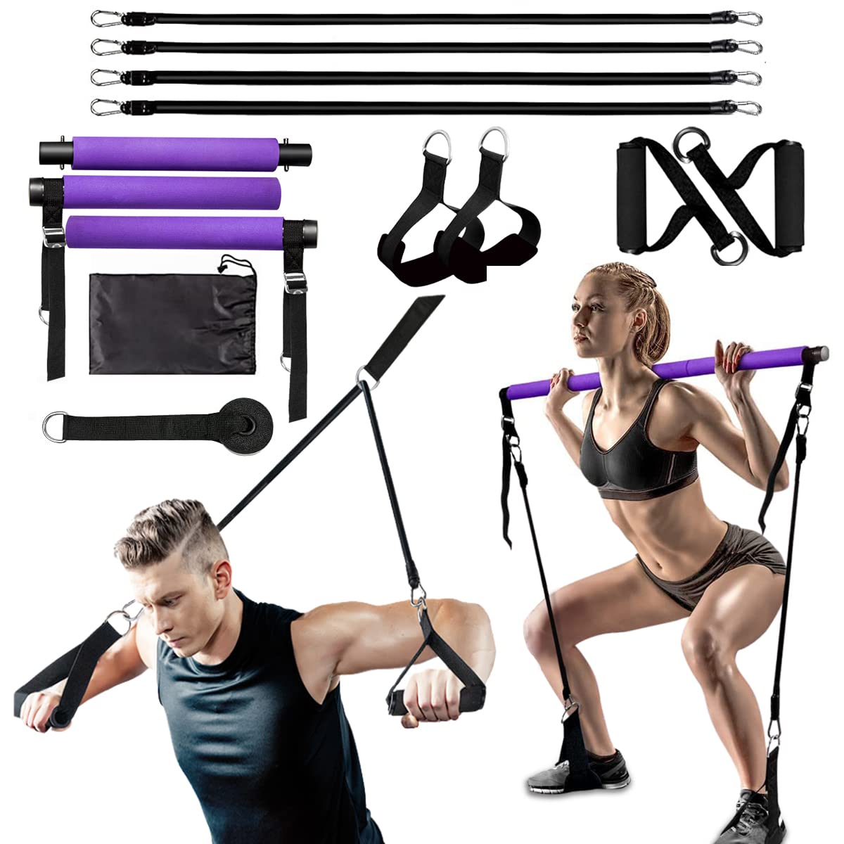 Pilates Bar Kit with Resistance Bands (2 Standard & 2 Heavy Duty) - Portable Home Gym Equipment for Women - Full Body Workout for Toning Arms, Legs, Glutes & Core | Perfect for Home Fitness, Yoga, Strength Training & Stretching Exercises