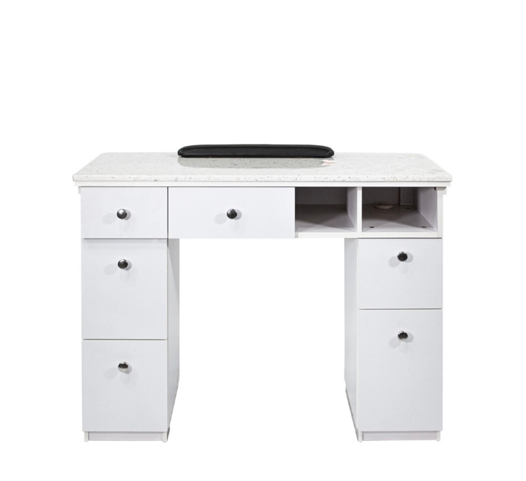 Professional Napa Manicure Table in White & Silver - Portable Nail Salon Table for Home & Spa Use - Perfect for Manicures, Pedicures, and Nail Art Services