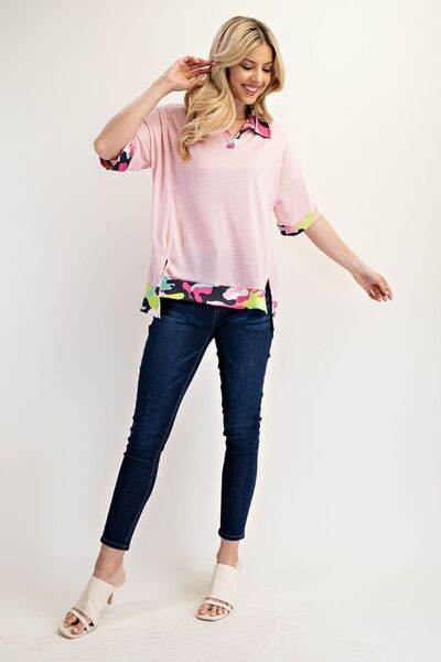 Celeste Camouflage Print Waffle Knit Side Slit Blouse - Plus Size Women's Fashion Top for Casual Wear & Street Style
