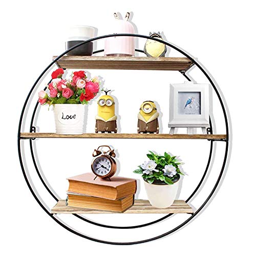 Rustic Floating Shelves - 3 Tier Geometric Wall Shelf Decor, Wood & Metal Farmhouse Style for Bedroom, Living Room, Kitchen & Office | Perfect for Displaying Books, Plants & Home Decor (Round)