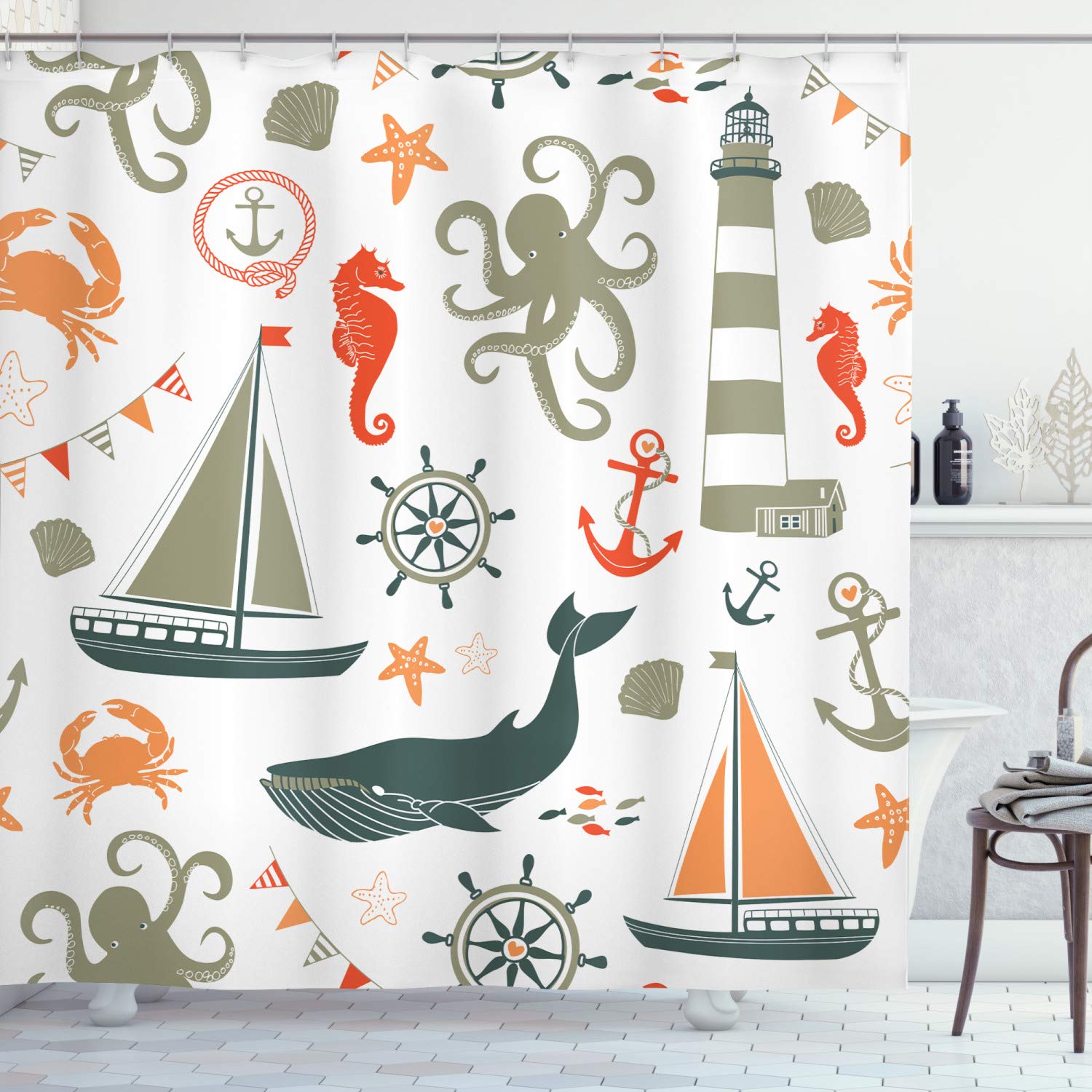 Ambesonne Nautical Shower Curtain - Pastel Lighthouse Sailboat Fish Shells Octopus Design, 69