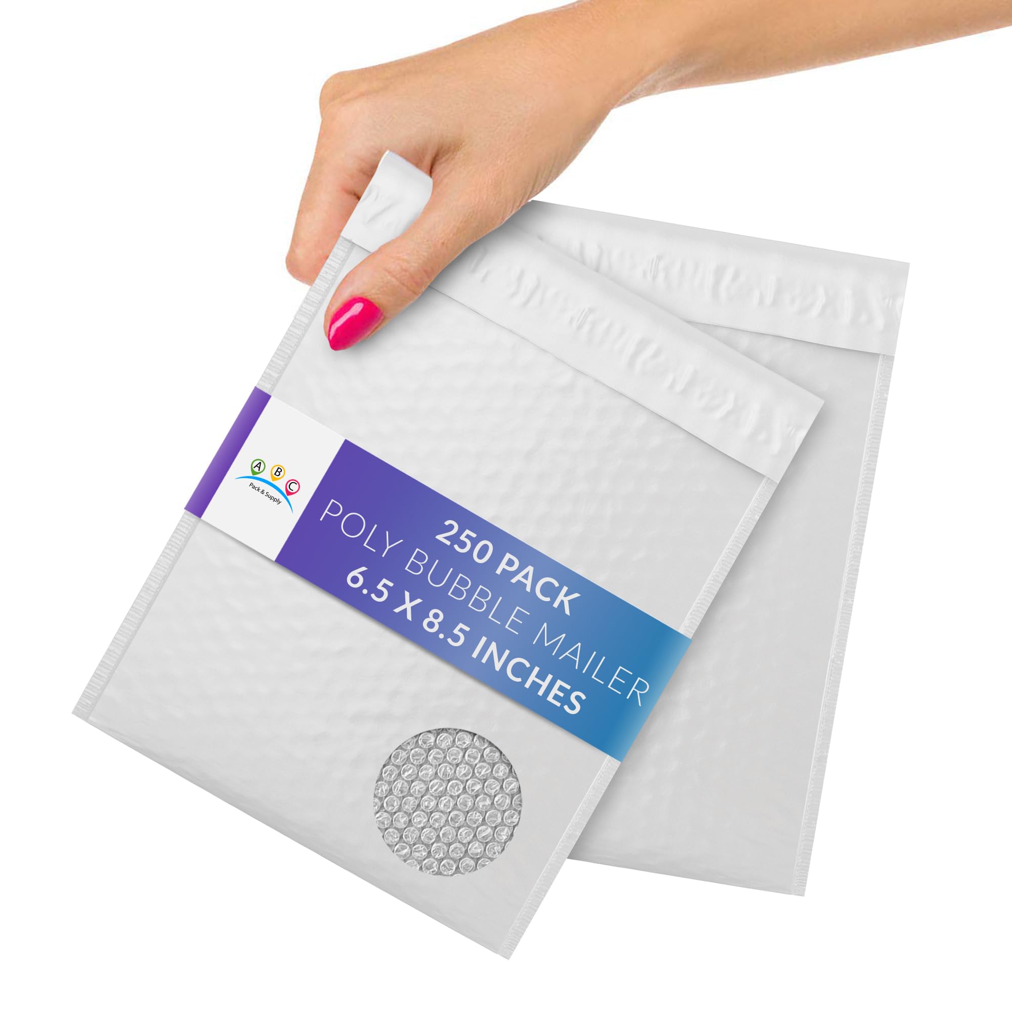 ABC 6.5x8.5 Inch White Poly Bubble Mailers - Pack of 250 Waterproof Padded Envelopes for Shipping, Tear-Resistant Mailing Bags - Perfect for Ecommerce, Small Packages & Document Protection