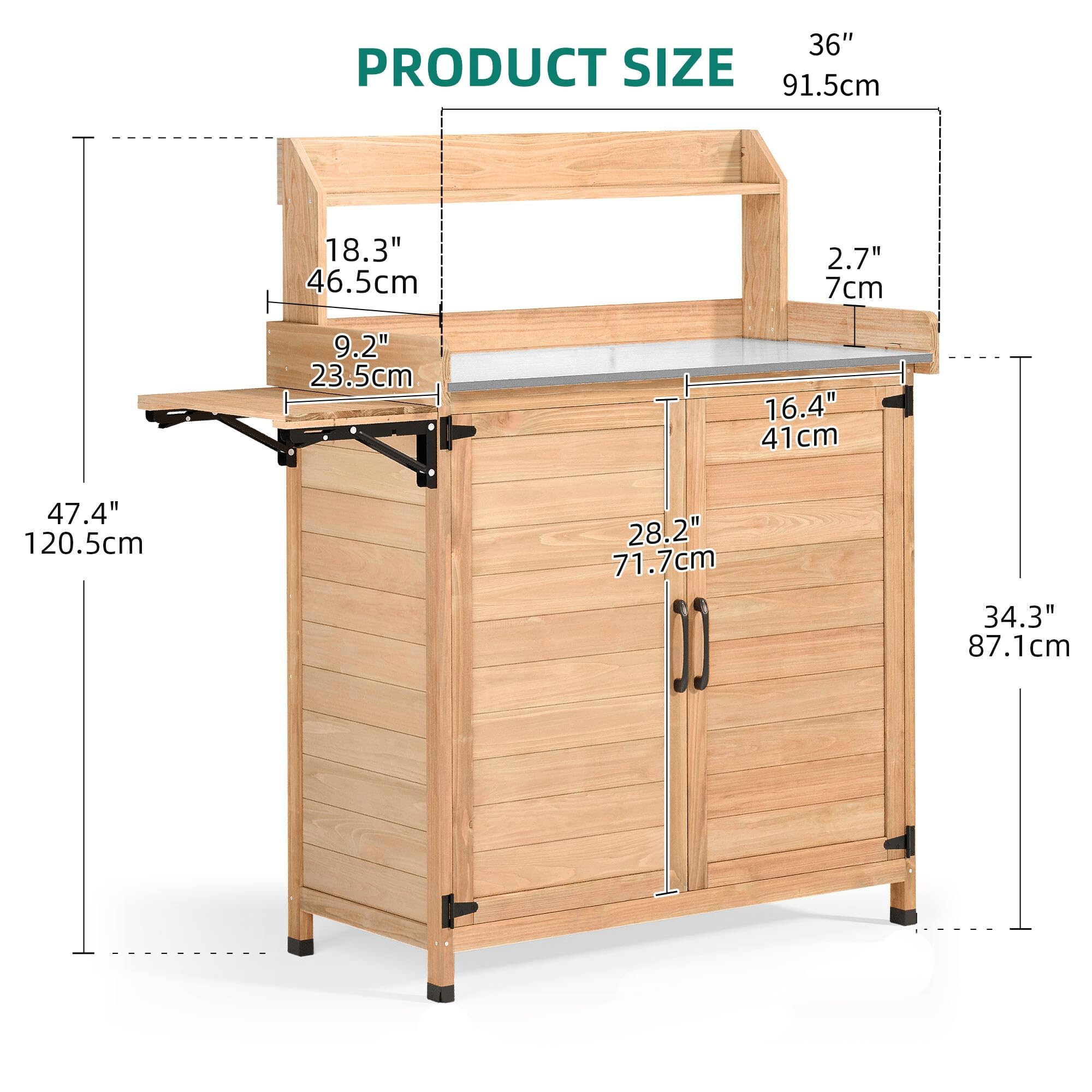 YITAHOME Solid Wood Potting Bench with Folding Shelf & Metal Tabletop - Outdoor Garden Workstation with Storage Cabinet for Planting, Gardening, Backyard Use - Perfect for Organizing Tools, Repotting Plants, and Outdoor Projects
