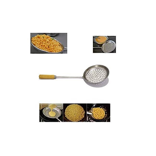 REVV UP Boondi Jhara with Wooden Handle - 6.5 Inch Stainless Steel Boondi Maker & Big Jalli Karandi - High Durability for Indian Snack Making - Perfect for Ghee Boondi, Rava Laddu & Diwali Sweets Preparation
