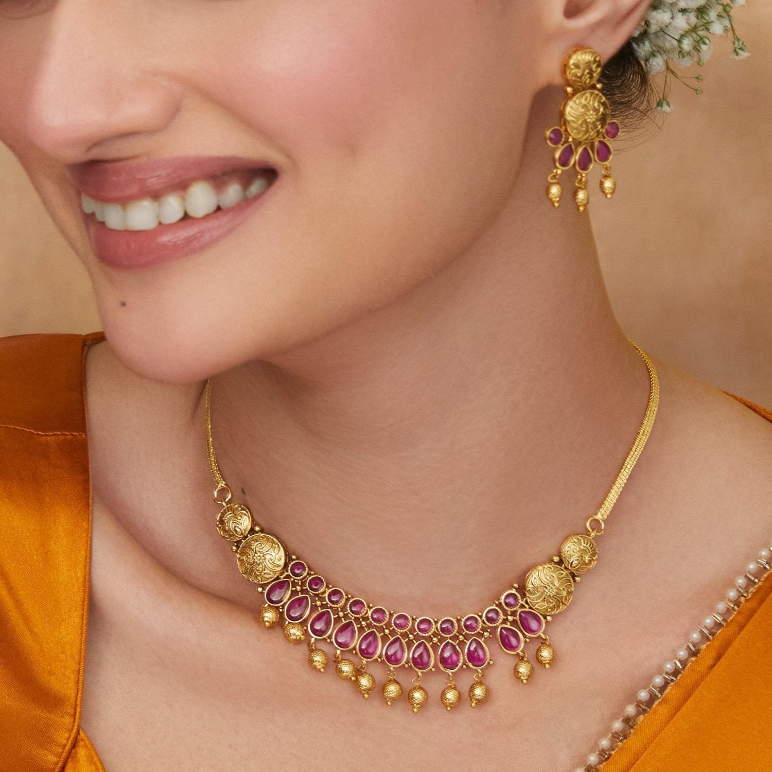Vintage Aria Antique Red Kempu Necklace Set for Women | Handmade Indian Jewelry | Perfect for Weddings, Parties & Special Occasions