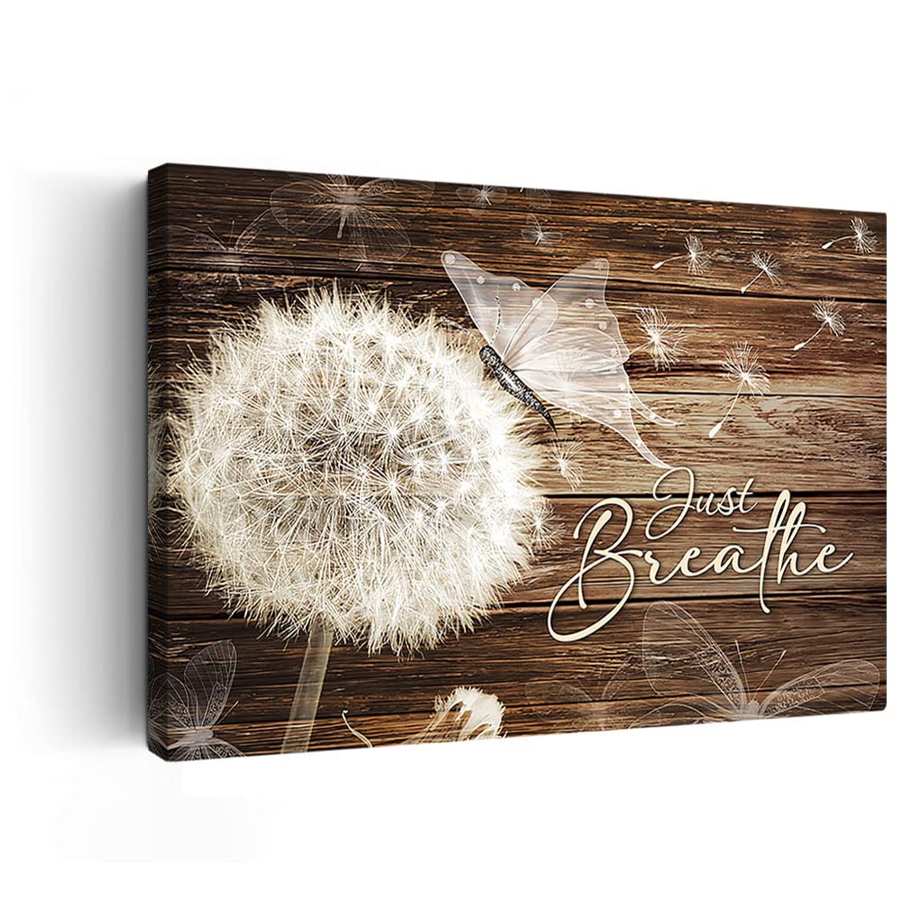 Just Breathe Quotes Wall Art - White Dandelion & Butterflies Canvas Print 12x18 Inch, Framed Ready to Hang for Living Room, Bedroom, Bathroom Decor - Perfect for Home, Office & Gift Giving