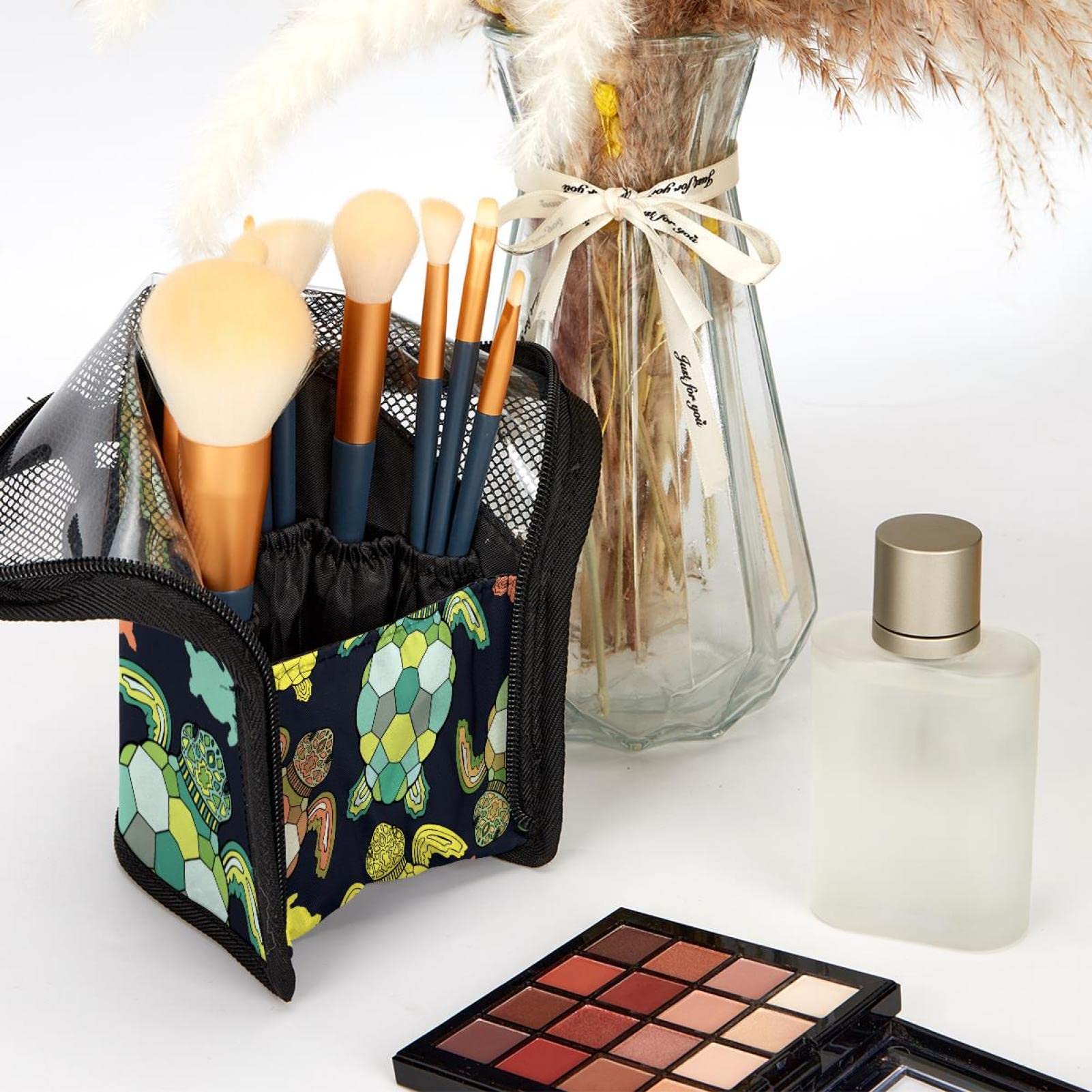 12-Piece Makeup Brush Organizer Bag with Ethnic Sea Turtle Design - Portable Travel Cosmetic Brush Holder Case for Professional Makeup Artists & Beauty Enthusiasts - Perfect for Travel, Home Storage & Salon Use