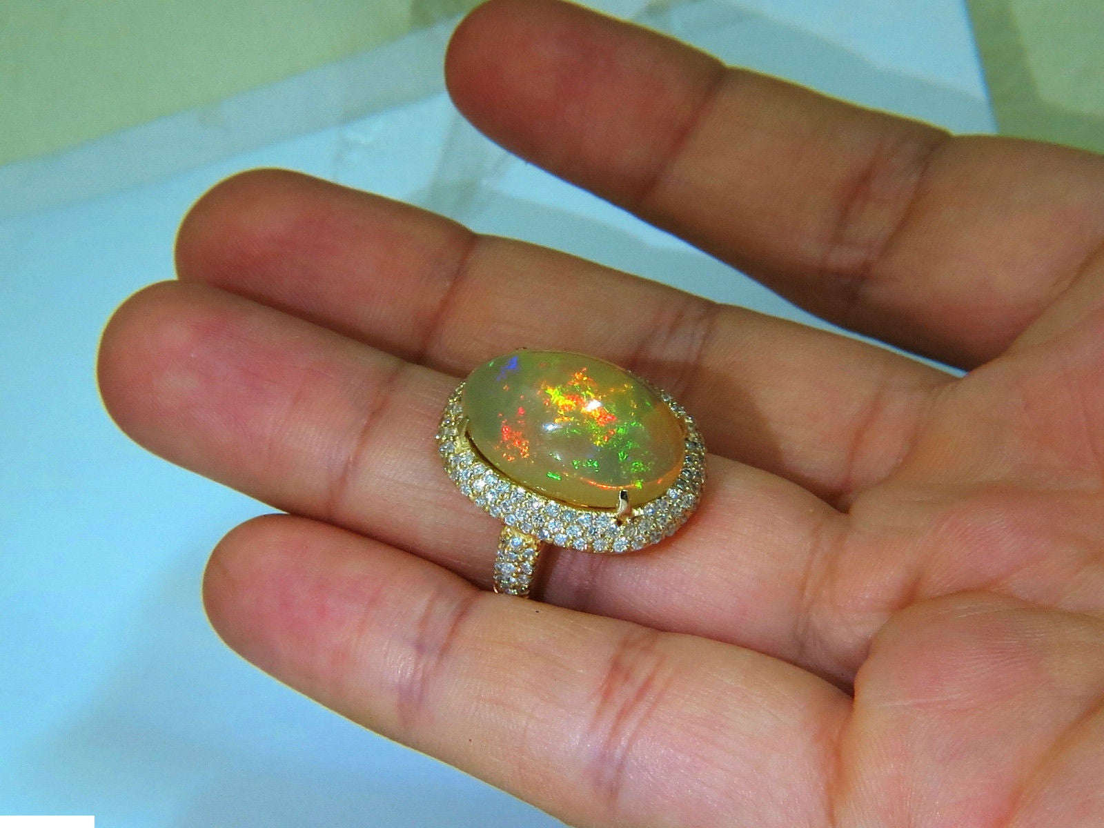 11.36CT Natural Holographic Opal Diamond Ring in 14KT Gold - Rare & Unique Engagement, Wedding, or Gift Jewelry for Women