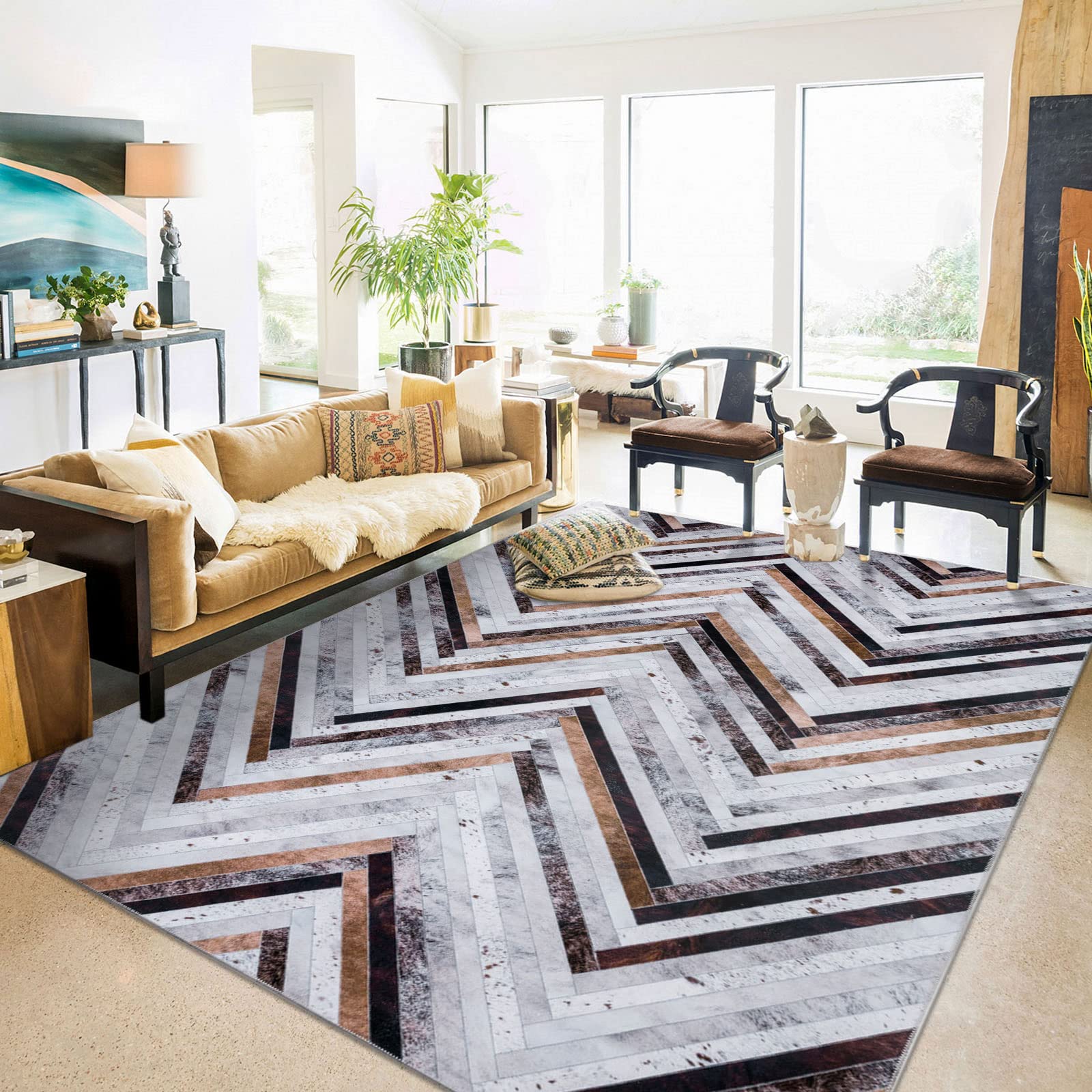 DECOMALL Washable Area Rugs - Modern Geometric Faux Cowhide Patchwork Rug 9x12ft, Non-Slip Large Carpet for Living Room, Bedroom, Office - Soft & Durable Home Decor for Family Gatherings & Relaxation