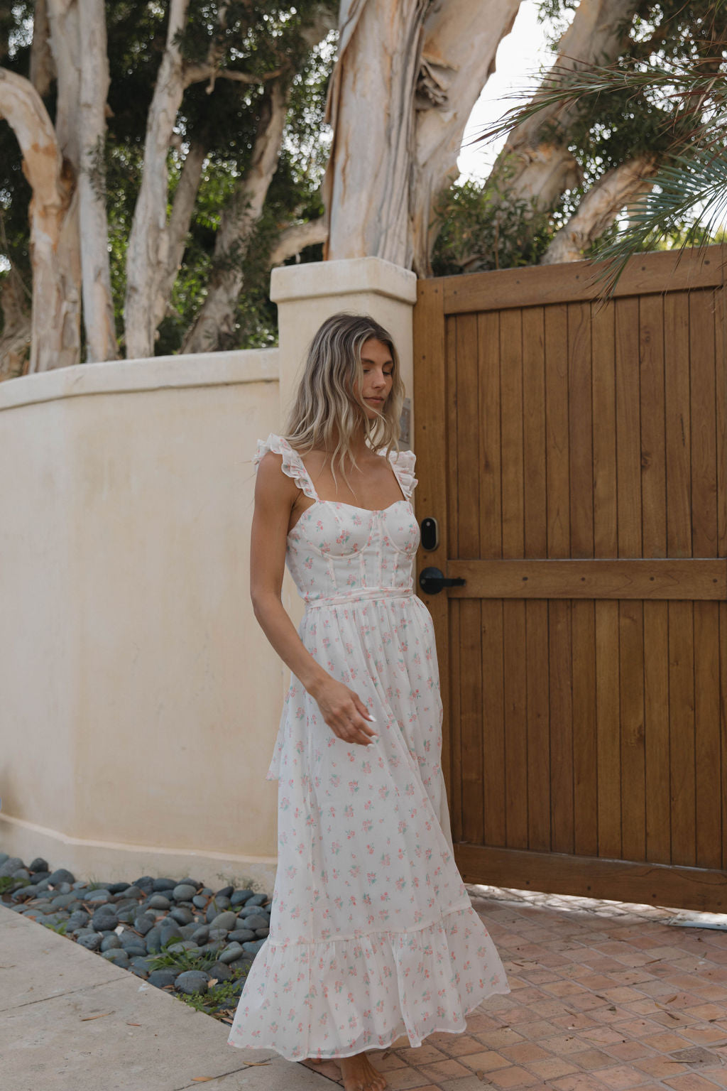Rosamund Bustier Style Maxi Dress - Floral Blush Pink Women's Plus Size Dress (S-3XL) | Perfect for Weddings, Parties & Summer Vacations