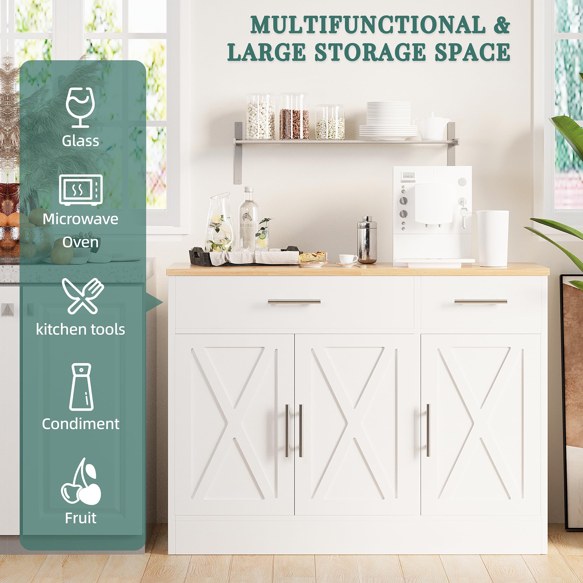 Modern Farmhouse Sideboard Buffet Cabinet with 3 Barn Doors & Adjustable Shelves - 42