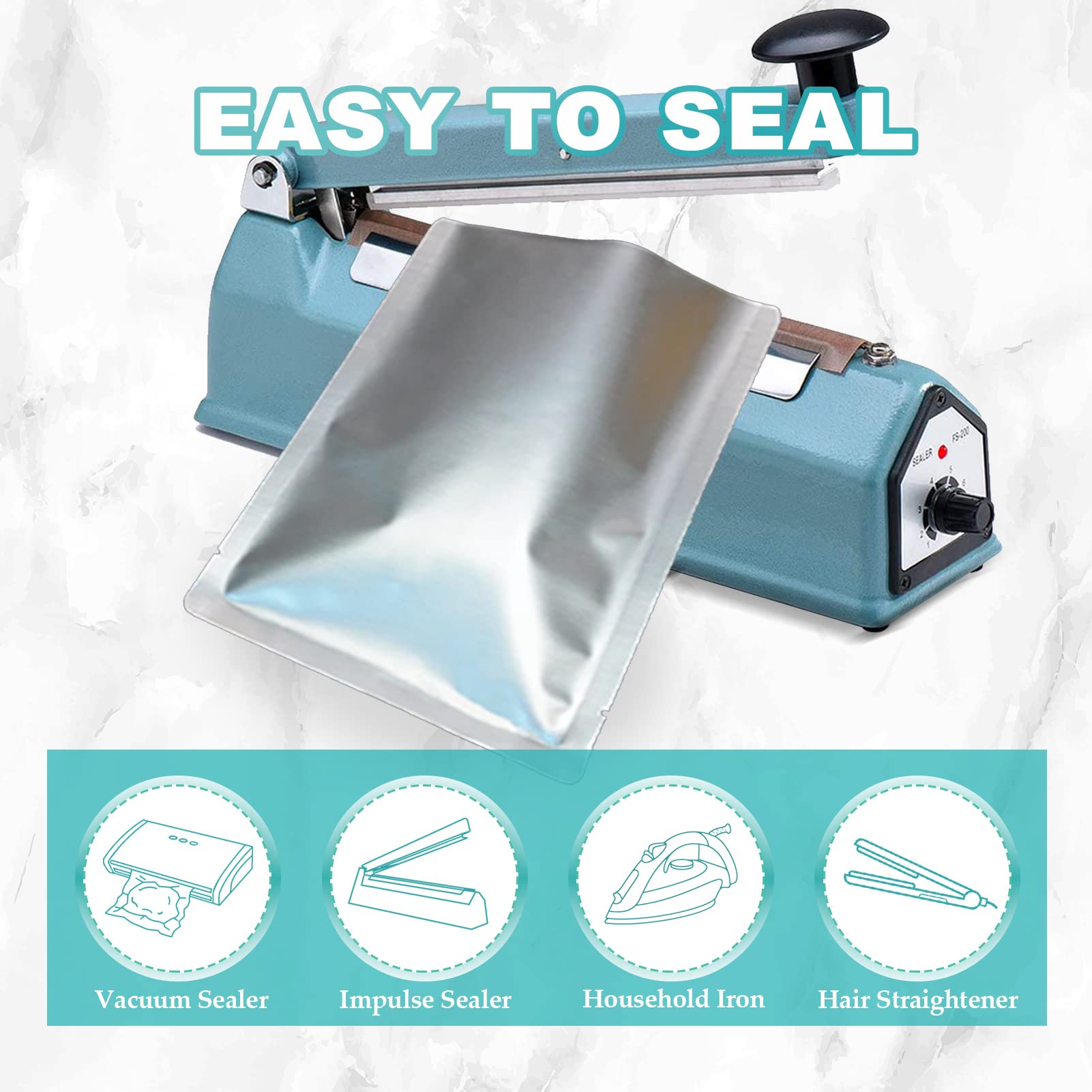 50pcs 1 Gallon Mylar Bags for Food Storage with Oxygen Absorbers 500CC (6 Packs of 10pcs) and Labels - 9.5 Mil 10