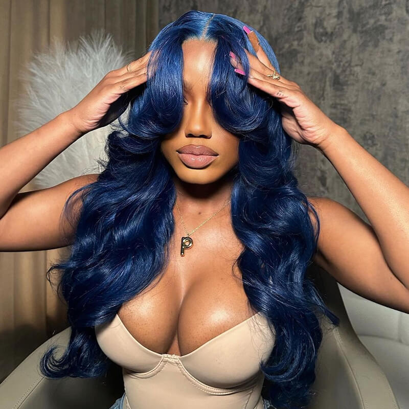 Eullair Pre-Colored Blue 99J Burgundy Layered Cut Body Wave Human Hair Wig with Curtain Bangs | Lace Front Wig for Women | Perfect for Cosplay, Daily Wear & Special Occasions