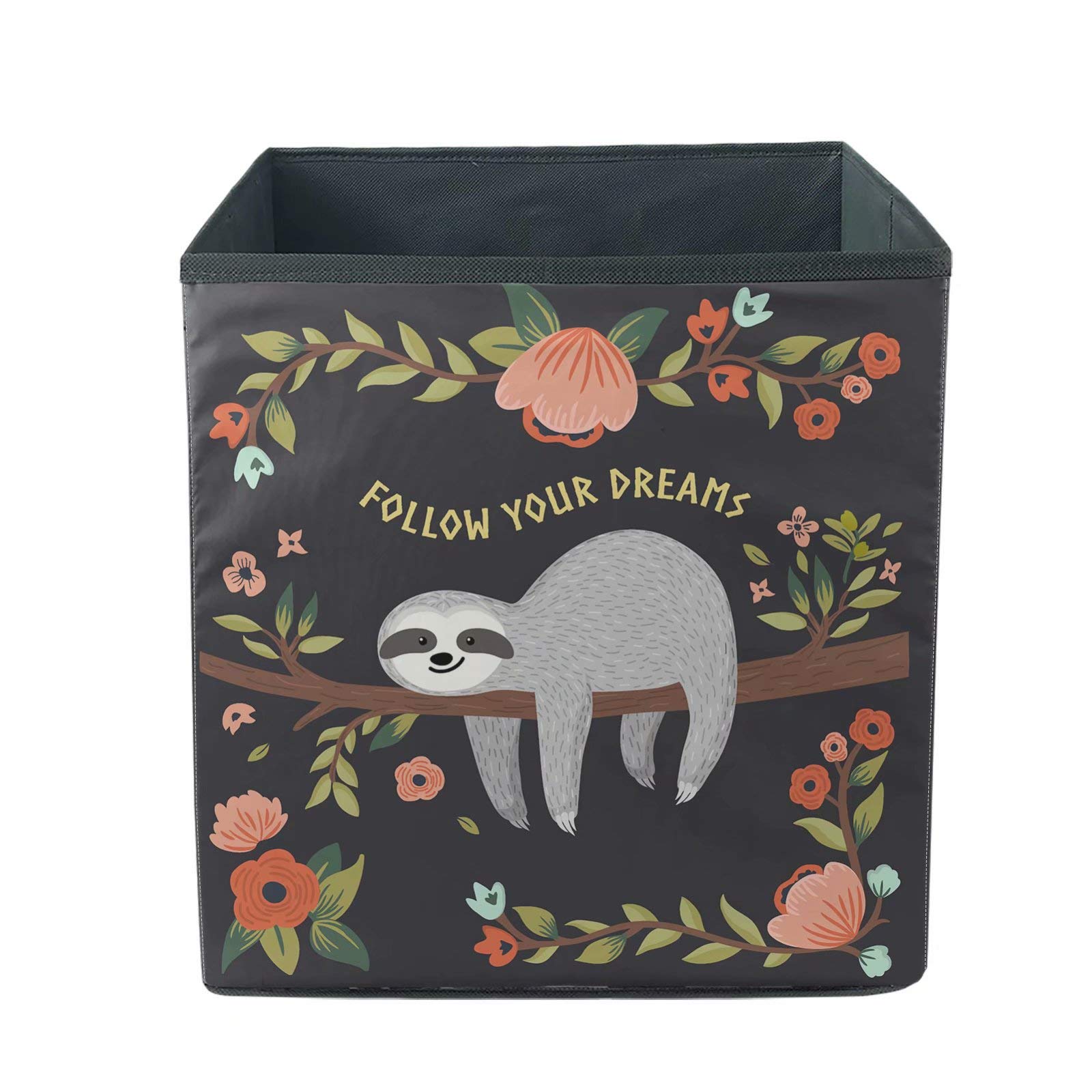Cute Sloth Print Foldable Storage Cube Basket - 13x13x13in Collapsible Fabric Bin Organizer for Toys, Clothes, Towels | Durable & Space-Saving Home Organization Solution for Bedroom, Nursery, or Playroom - Black