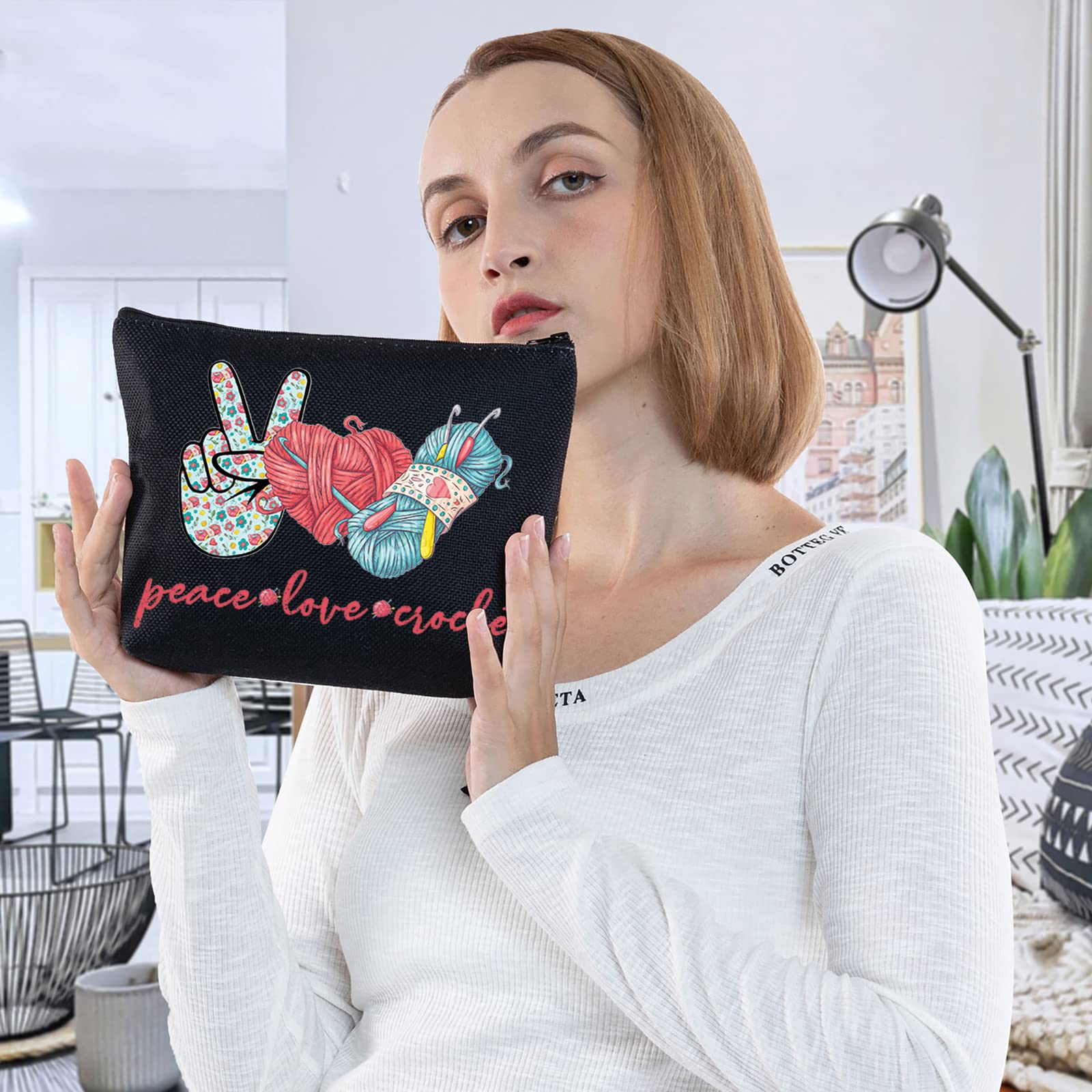 Crochet Makeup Bag for Women - WZMPA Peace Love Crochet Cosmetic Pouch with Zipper, Handmade Crocheting Gift for Girls & Women, Perfect for Travel, Gym & Daily Use
