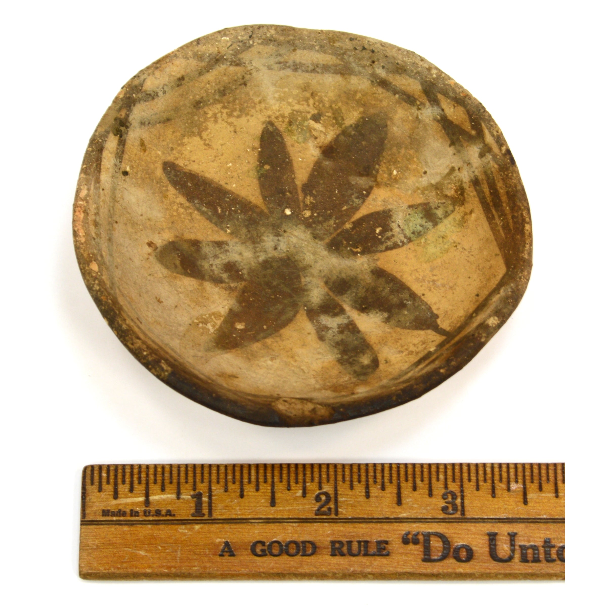 Ancient Pre-Columbian Small Pottery Dish Bowl with Flower Motif - Authentic Inca Artifact for Home Decor, Collectibles & Museum Display