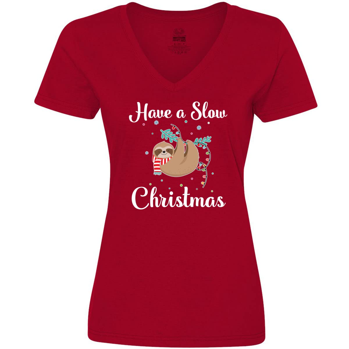 Inktastic Sloth Slow Christmas Outfit Women's V-Neck T-Shirt - Cute Holiday Graphic Tee for Casual Wear, Christmas Party & Festive Gift Giving