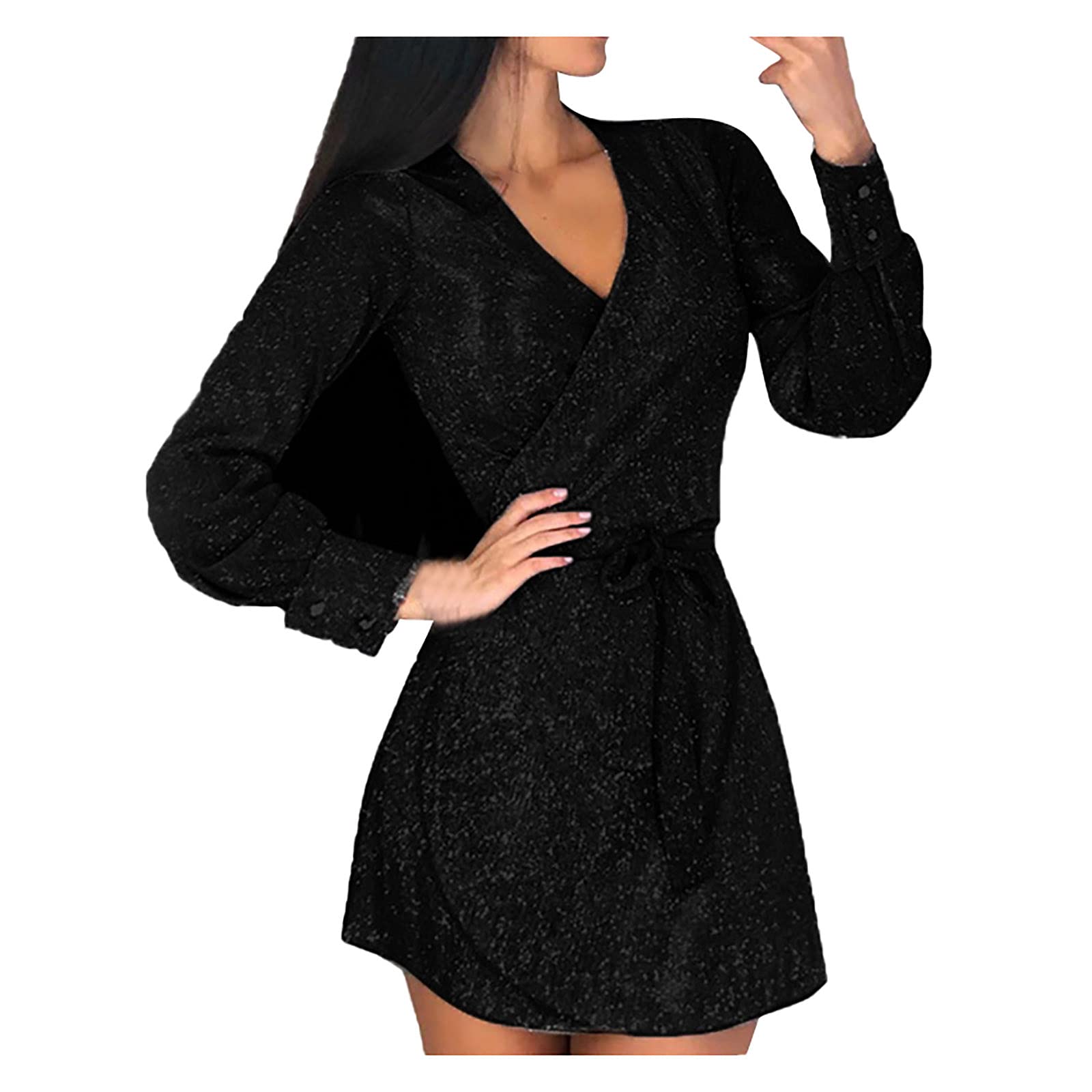 Women's Long Sleeve V-Neck Mini Dress with Belt - Sexy Solid Bodycon Dress for Women | Perfect for Date Night, Party & Office Wear