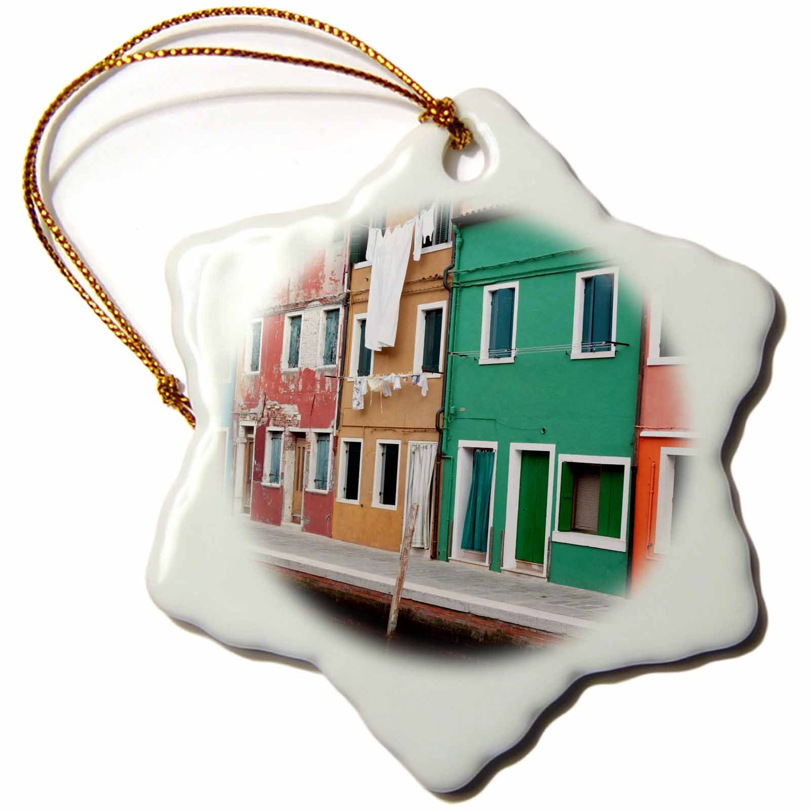 3D Rose Venice Burano Waterfront Houses Italy Snowflake Ornament - 3 Inch Christmas Tree Decoration for Holiday Home Decor & Gift Giving