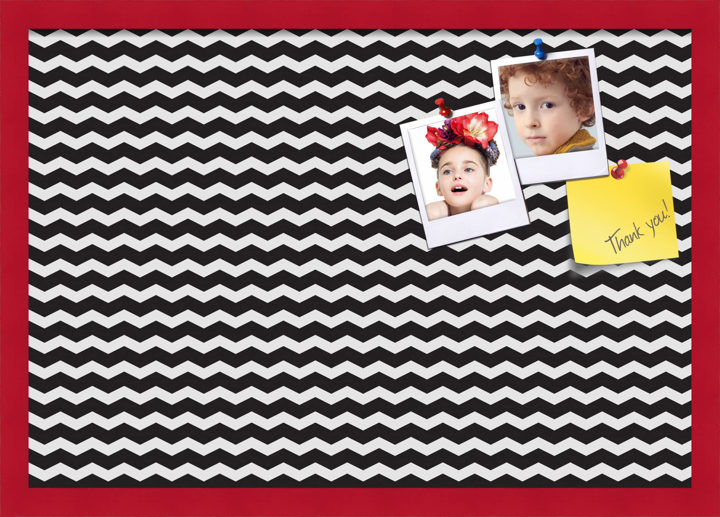 PinPix 26x18 Inch Cork Bulletin Board - Black & White Chevron Design with Red Beech Frame - Stylish Home Office Decor for Notes, Photos & Reminders - Perfect Wall Organizer for Kitchen, Dorm or Workspace (PinPix-118)