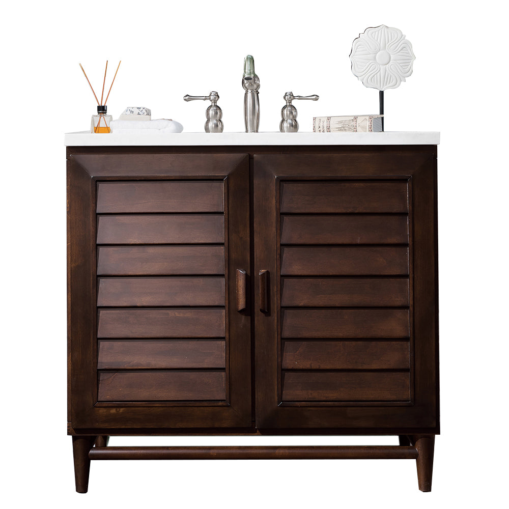 Portland 36 Inch Single Bathroom Vanity with Burnished Mahogany Finish & 3CM Classic White Quartz Countertop - Perfect for Modern Master Bathrooms and Powder Rooms
