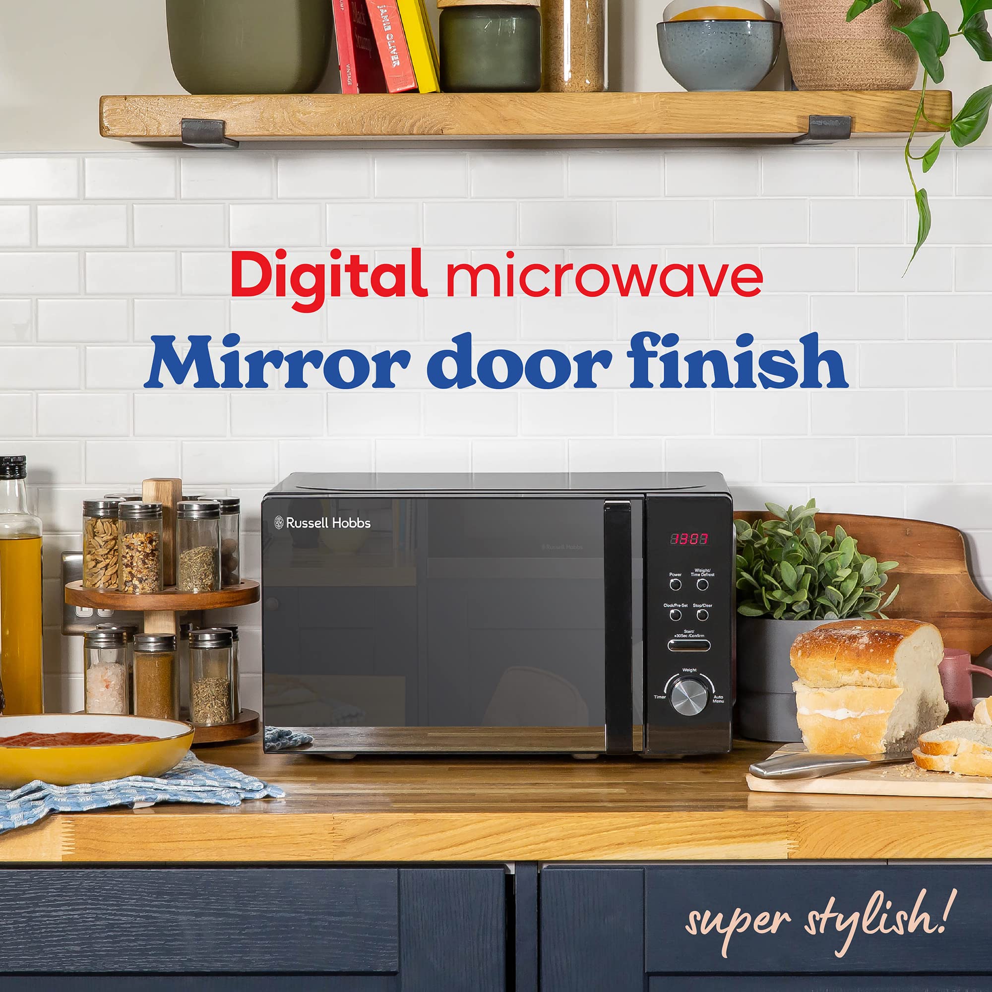 Russell Hobbs RHM2076B 20L 800W Black Digital Microwave Oven - 5 Power Levels, Auto Defrost, 8 Auto Cook Menus, Clock & Timer, Easy Clean - Perfect for Small Kitchens, Dorms & Offices