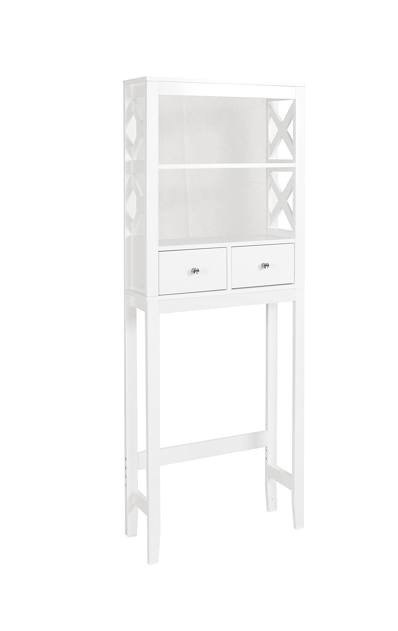 White X-Frame Over The Toilet Storage Shelf with Drawers - Bathroom Space Saver Organizer for Toiletries, Towels & Cleaning Supplies - Perfect for Small Bathrooms, Apartments & Powder Rooms