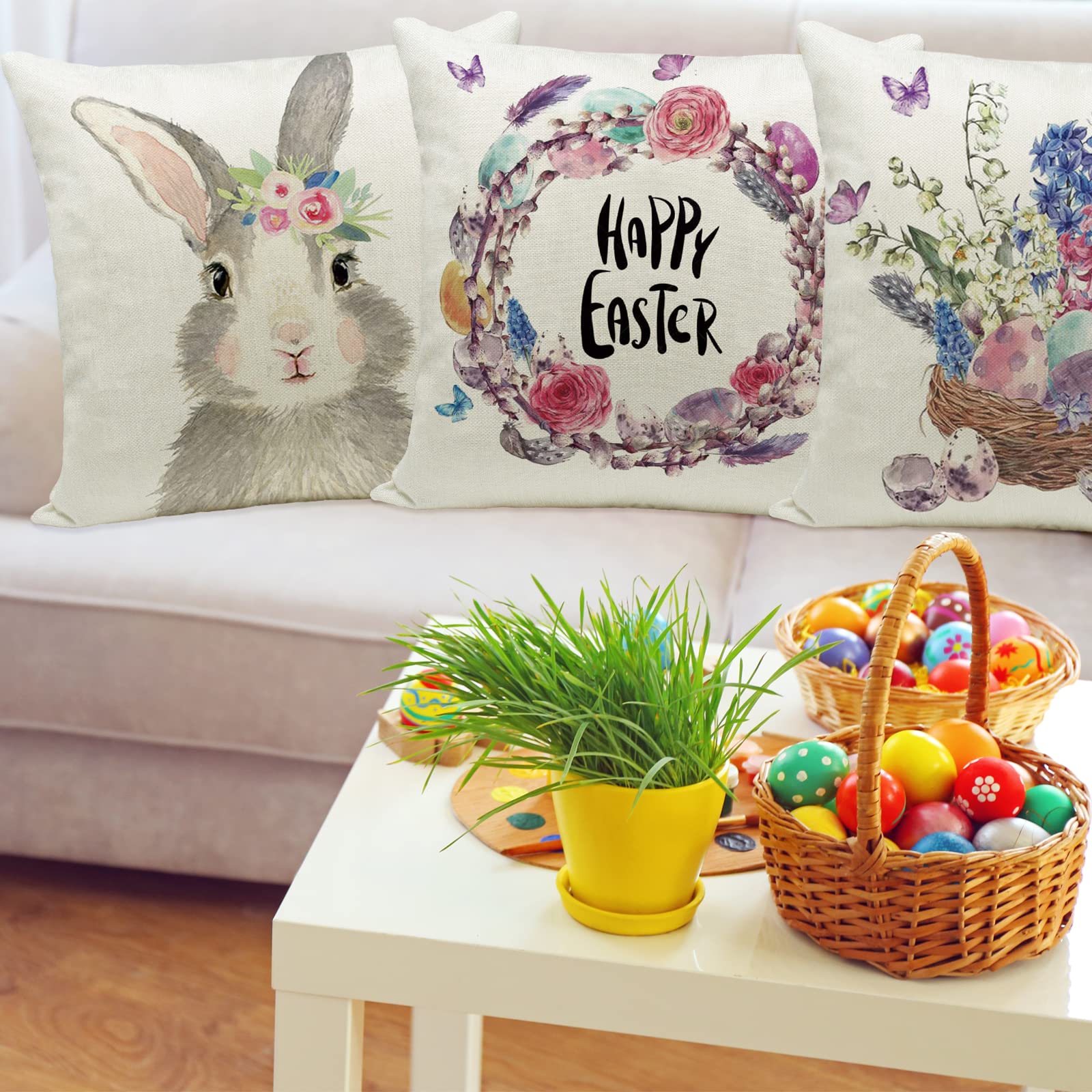 Easter Pillow Covers 16x16 Inch Set of 4 - Rabbit Bunny with Eggs Design, Cotton Linen Blend Square Throw Pillow Cases with Zipper Closure - Perfect for Spring Home Decor, Easter Party, Living Room & Bedroom Accents