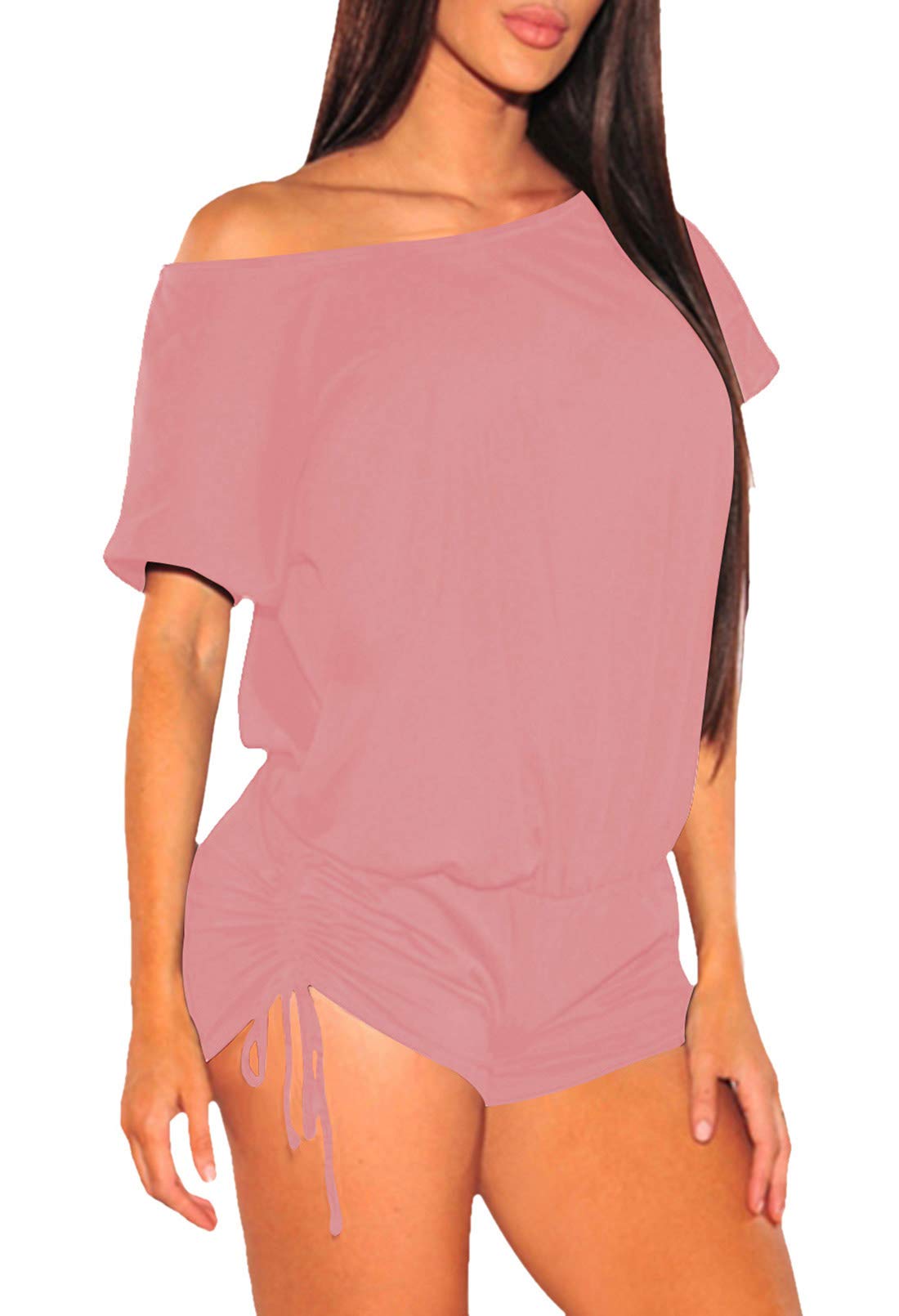 Fixmatti Women's Summer One Shoulder Loose Ruched Drawstring Short Romper Jumpsuit - Casual Beachwear & Vacation Outfit for Pool Party, Travel, Date Night