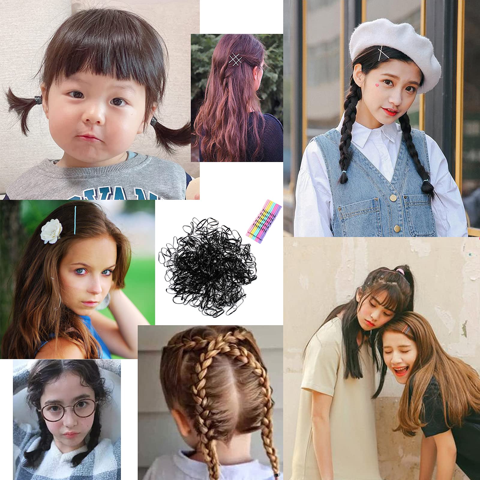 ILamourCar 500 Pcs Black Elastic Hair Bands Set - Small Hair Rubber Bands for Kids, Braids & Wedding Hairstyles - Includes 10 Colorful Hair Grips (Perfect for School, Sports, Dance & Everyday Styling)
