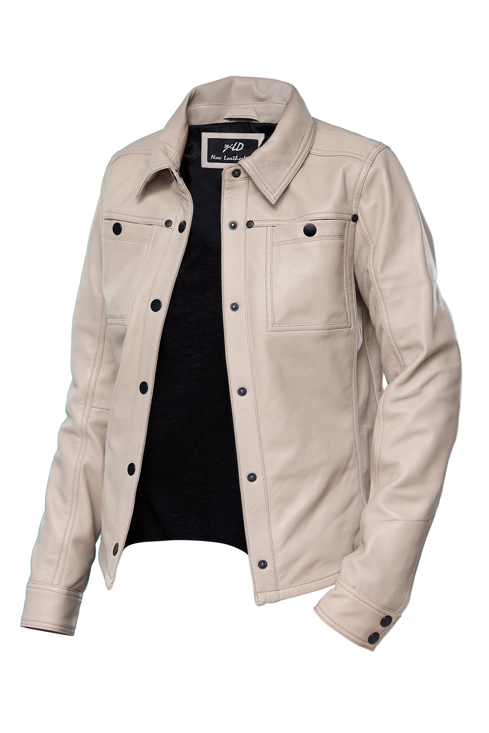 Jild Women's Button Front Lambskin Leather Jacket Shacket - Long Sleeve Casual Shirt Jacket with Bust Pocket | Stylish Outerwear for Fall & Winter | Perfect for Office, Dating & Weekend Outings