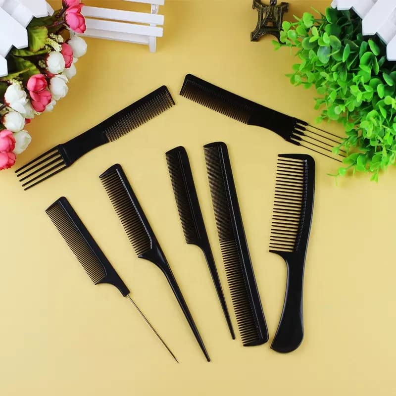VELORA Professional 10-Piece Hair Comb Set - Styling & Cutting Brushes for Salon & Home Use - Black Hairdressing Tools for Men & Women - Perfect for Haircuts, Styling, Detangling & Blowouts