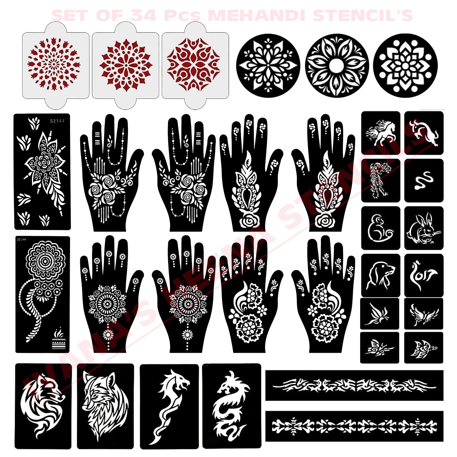 34 Pcs Reusable Henna Stencils Kit for Hands, Wrists, Body & Face - Easy 4-Step Indian Mehndi Designs for Women, Girls & Kids (A-2001) - Perfect for Weddings, Festivals & DIY Body Art