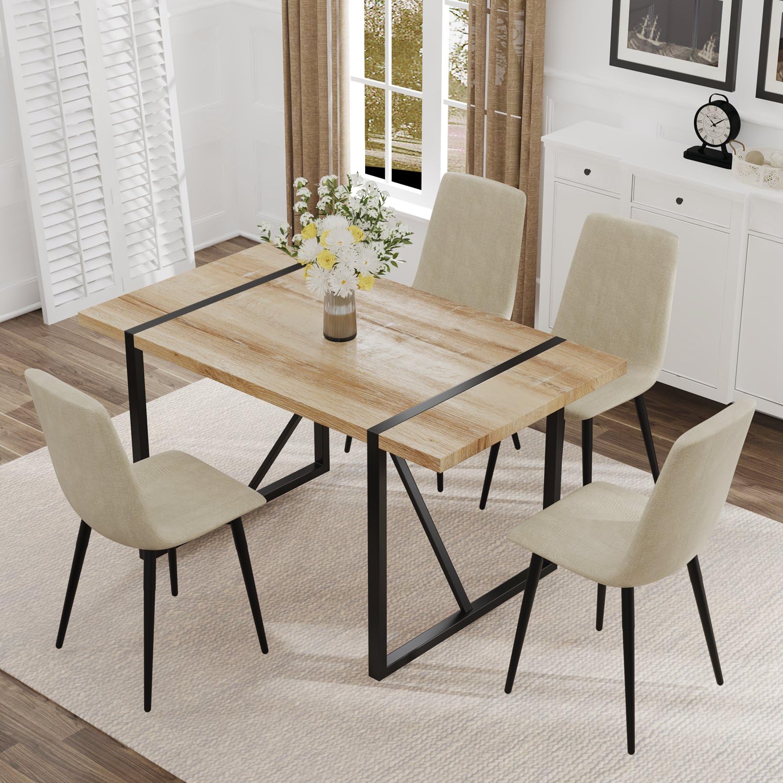 5-Piece Modern Dining Table Set with 4 Fabric Chairs & Wooden Table - Rectangle Kitchen Table Set for 4 - Perfect for Small Spaces, Apartments, and Cozy Family Meals