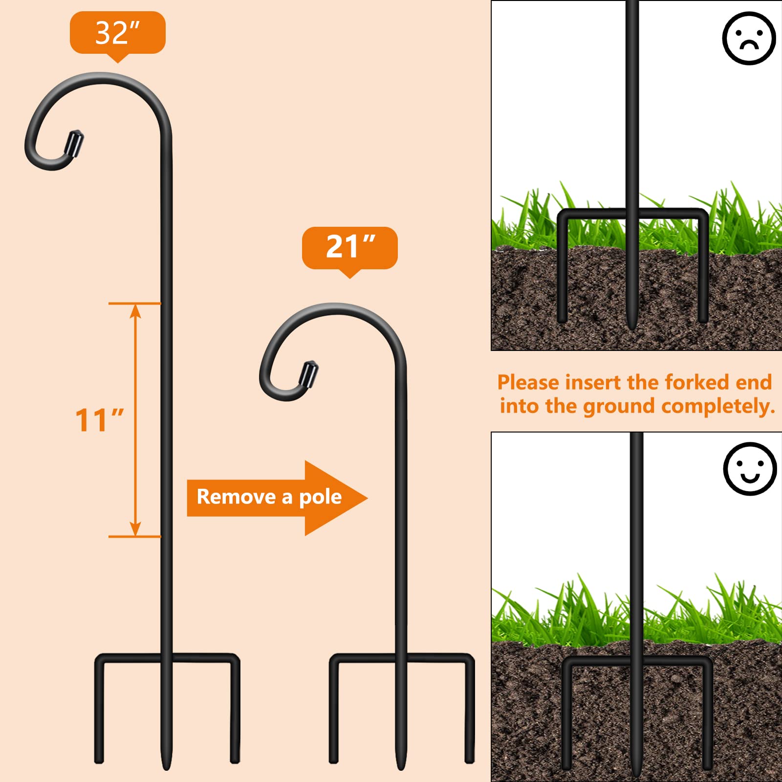 Gtongoko 8 Pack 32 Inch Adjustable Shepherd Hooks for Outdoor - Matte Black Garden Hooks for Hanging Plants, Lanterns, Bird Feeders & Solar Lights - Perfect for Mason Jar Decor, Wedding Decorations & Backyard Landscaping