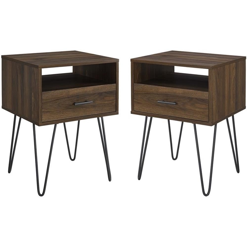 Walker Edison Hadley 2-Piece Mid-Century Modern Metal Hairpin Leg Side Table Set with 1 Drawer - Dark Walnut Finish - Perfect for Living Room, Bedroom or Office (2 Pack)