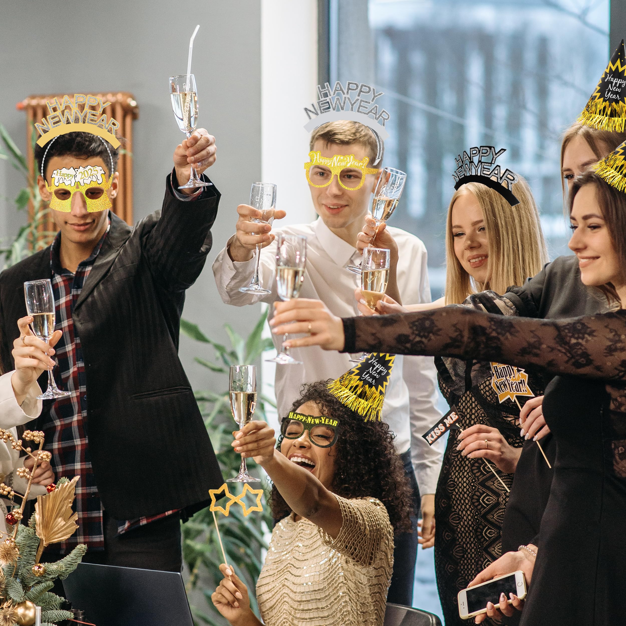 2025 New Year's Eve Party Supplies Kit - 36pcs Black Gold Silver Headbands, Noise Makers, Cone Hats & Cheers Glasses - NYE Party Decorations & Accessories for Countdown Celebrations, Ball Drop Events & New Year's Eve Parties