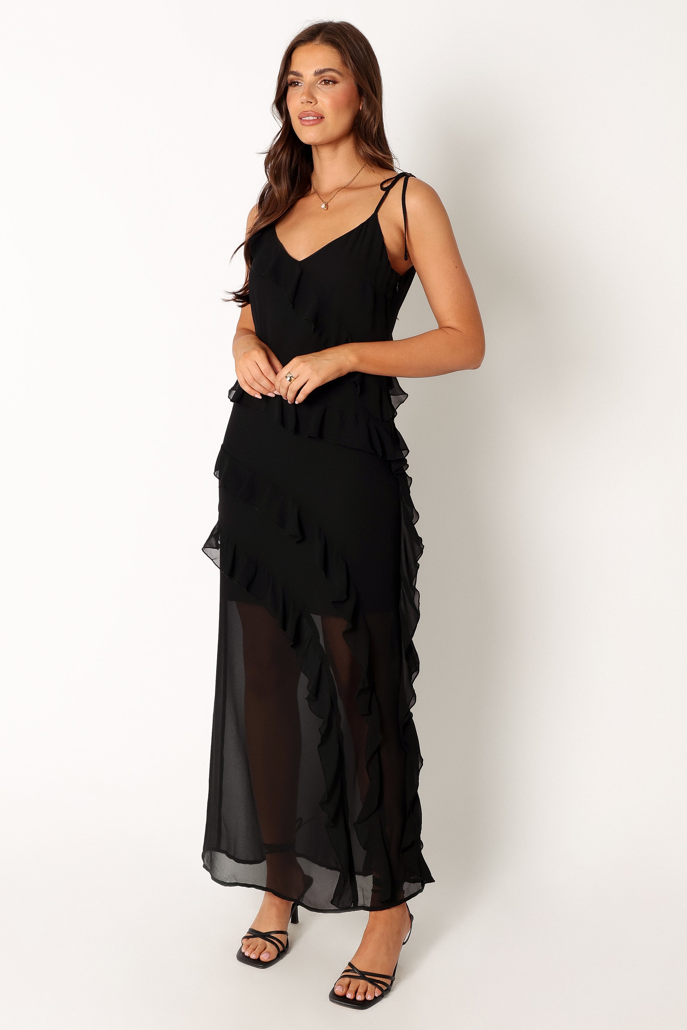 Elegant Demi Ruffle Maxi Dress in Black - Perfect for Weddings, Parties & Summer Vacations