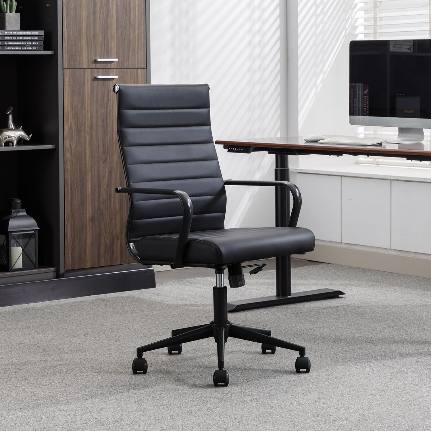 Ergonomic Office Desk Chair with Wheels - High Back Executive Swivel Rolling Chair, PU Leather Modern Ribbed Design for Home & Office Conference - Perfect for Long Work Hours, Video Calls, and Professional Workspaces