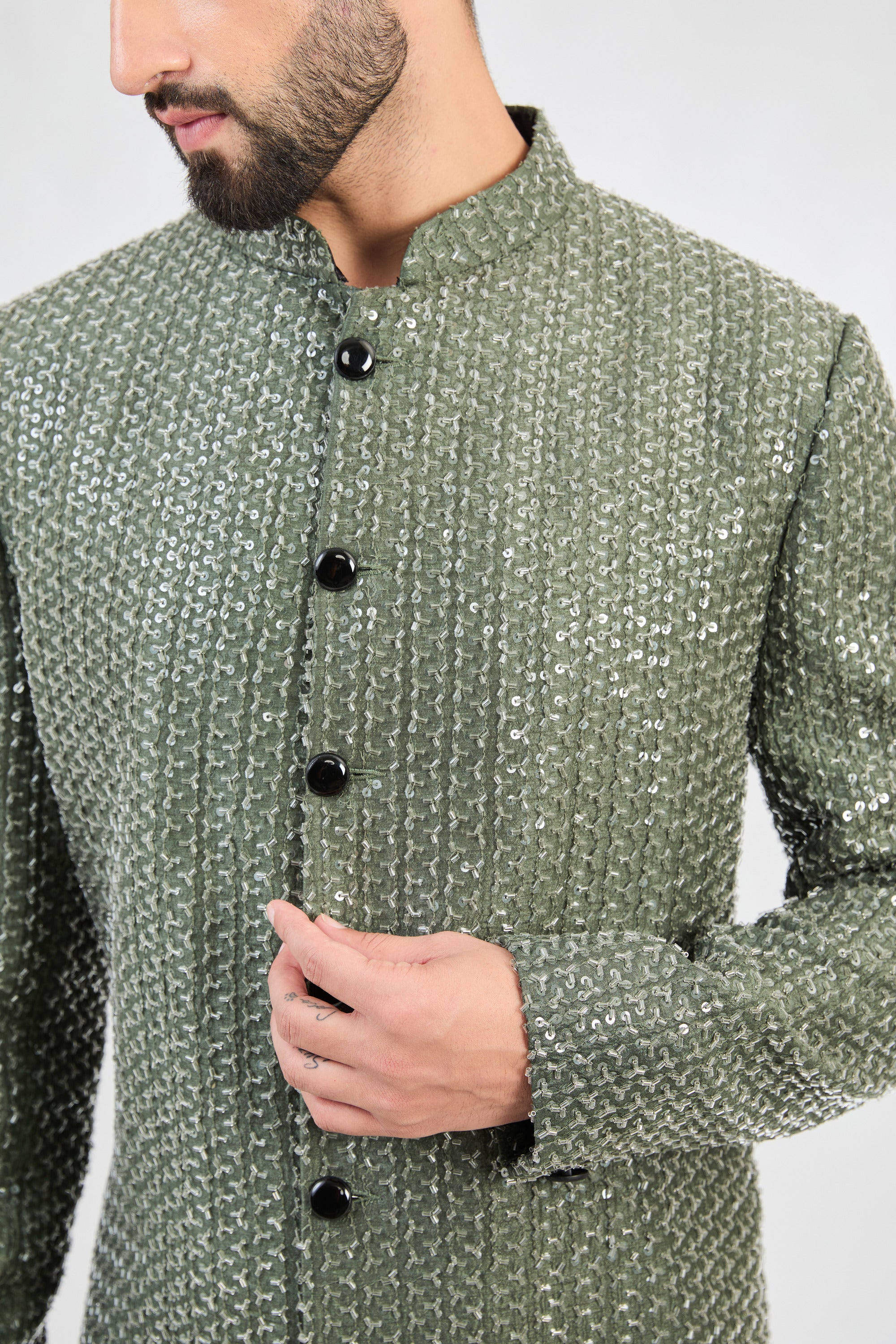 Stylish Military Green Sherwani with Exquisite Dana Embroidery - Perfect for Weddings, Festivals & Special Occasions