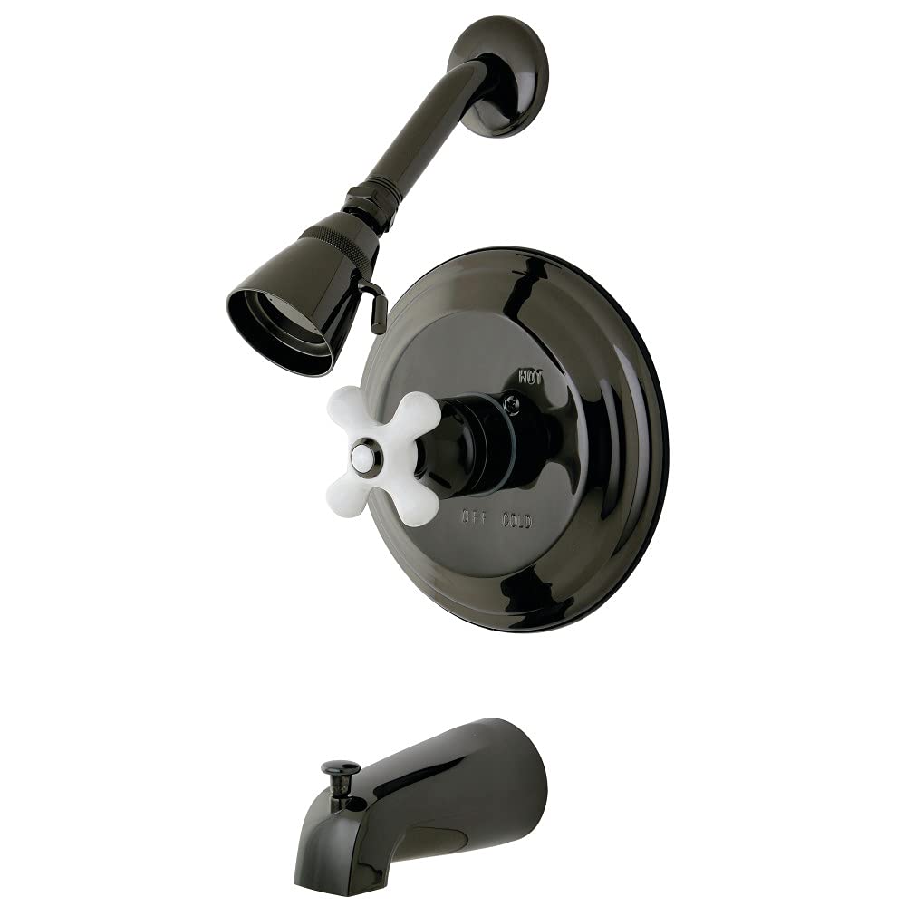 Kingston Brass NB3630PX Water Onyx Pressure Balanced Tub & Shower Faucet with Porcelain Cross Handle - Black Stainless Steel for Bathroom & Shower Installation